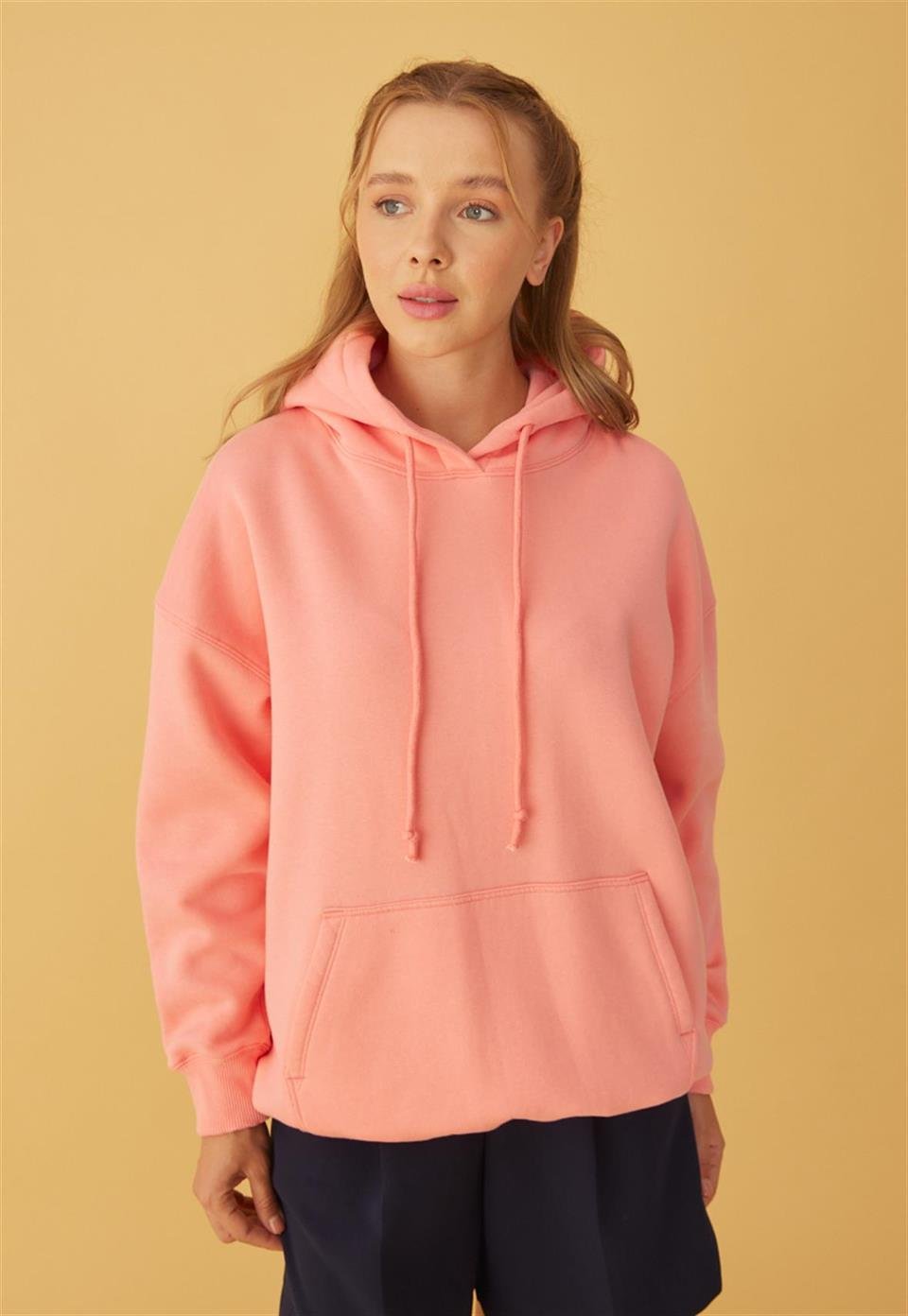 Kadın Oversize Pembe Kapüşonlu Sweatshirt