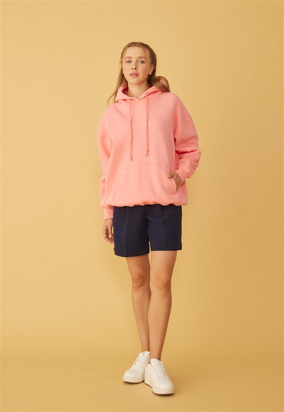 Kadın Oversize Pembe Kapüşonlu Sweatshirt