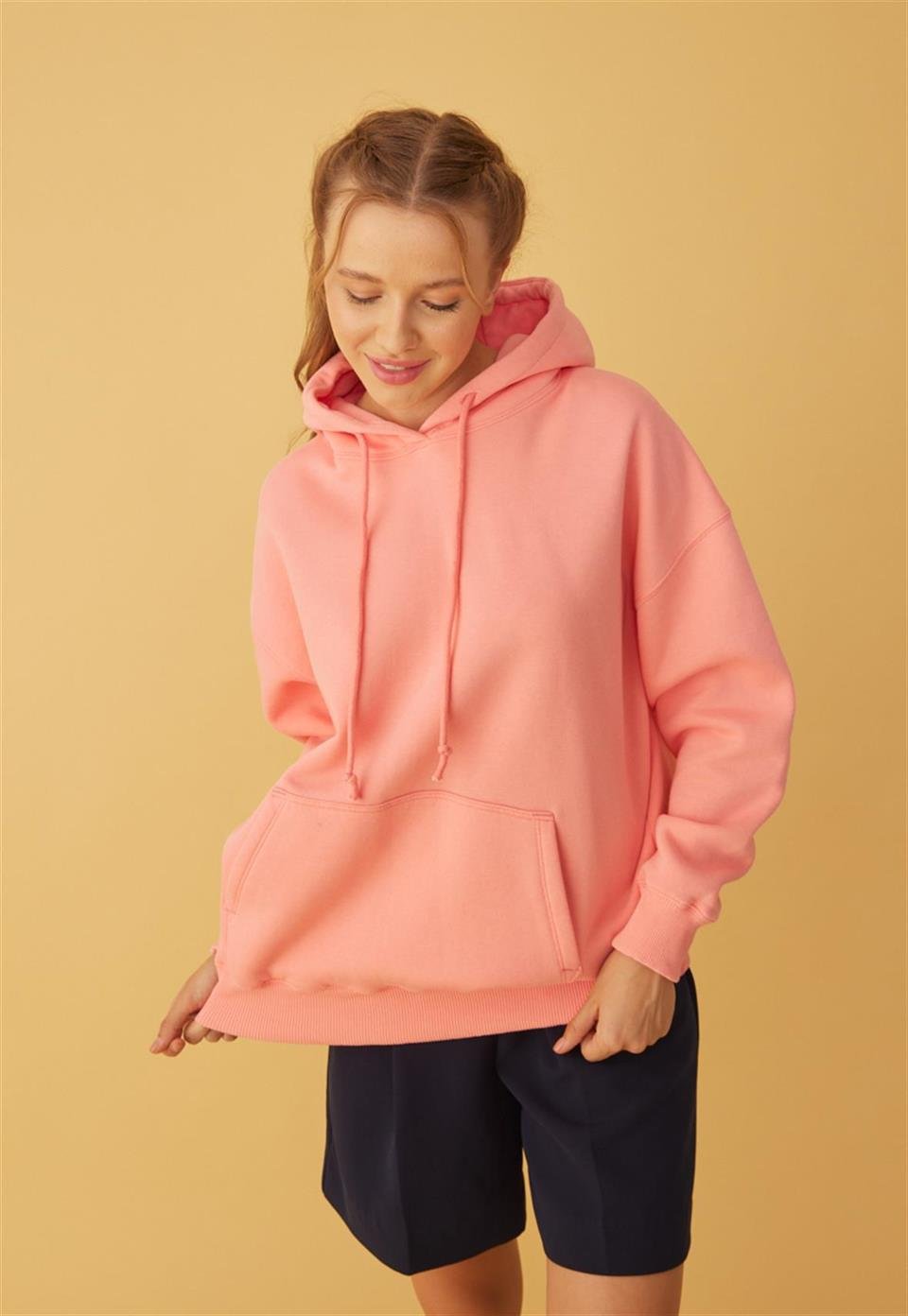 Kadın Oversize Pembe Kapüşonlu Sweatshirt