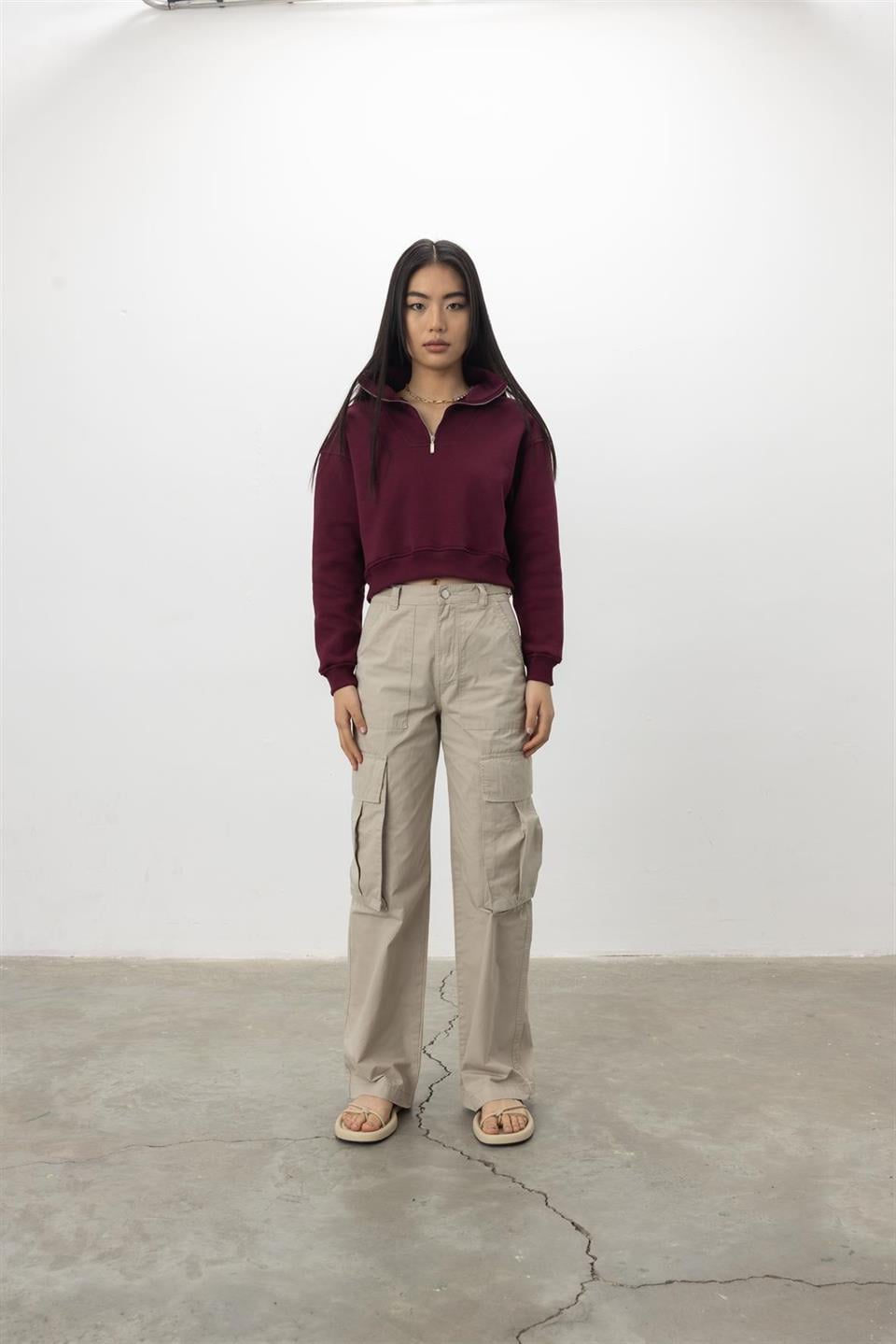 Kadın Şardonlu Yarım Balıkçı Yaka Fermuarlı Sweatshirt
