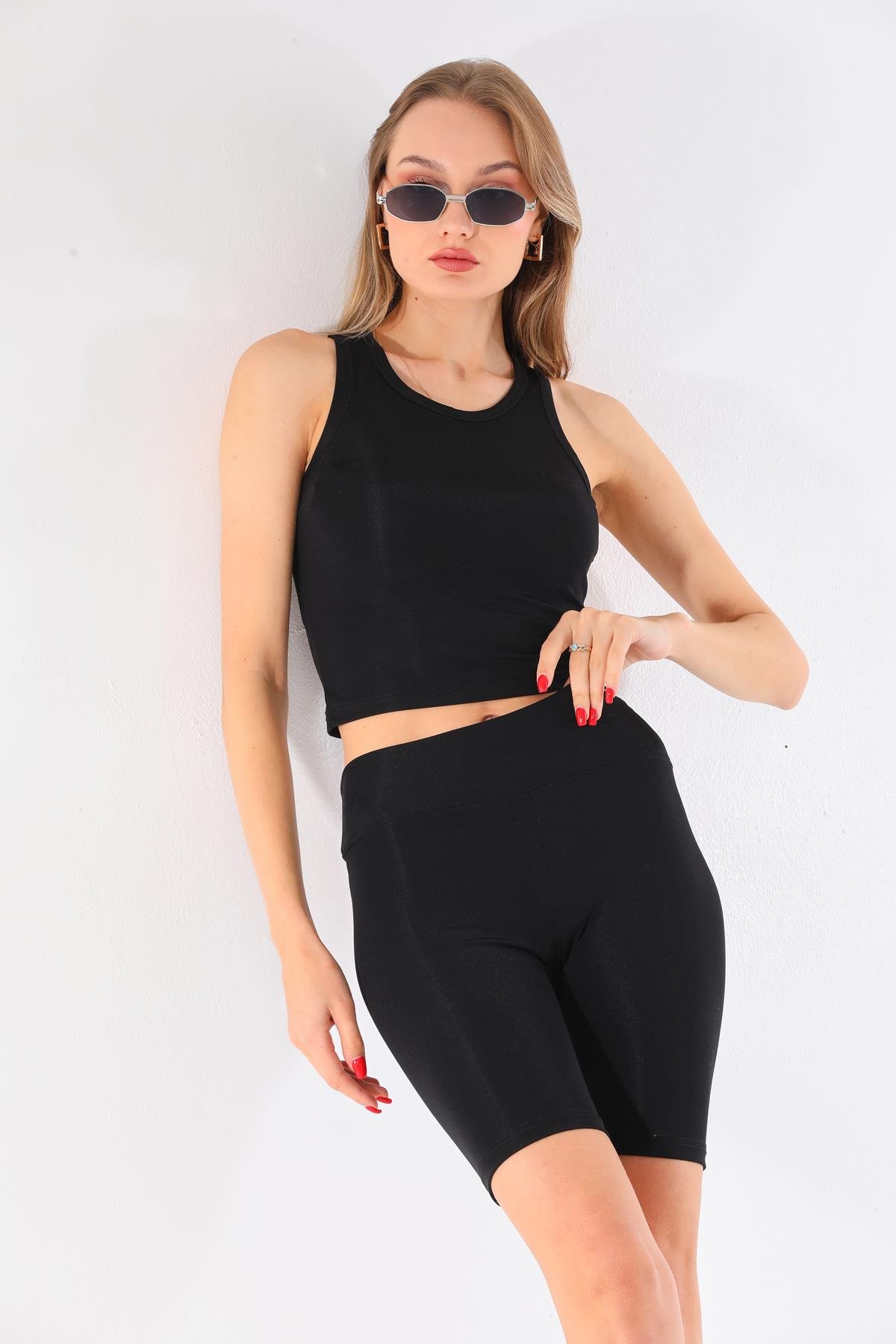 AFF-DKS-103 - Kadın Spor Yoga Biker Şort Parlak Siyah -westbound