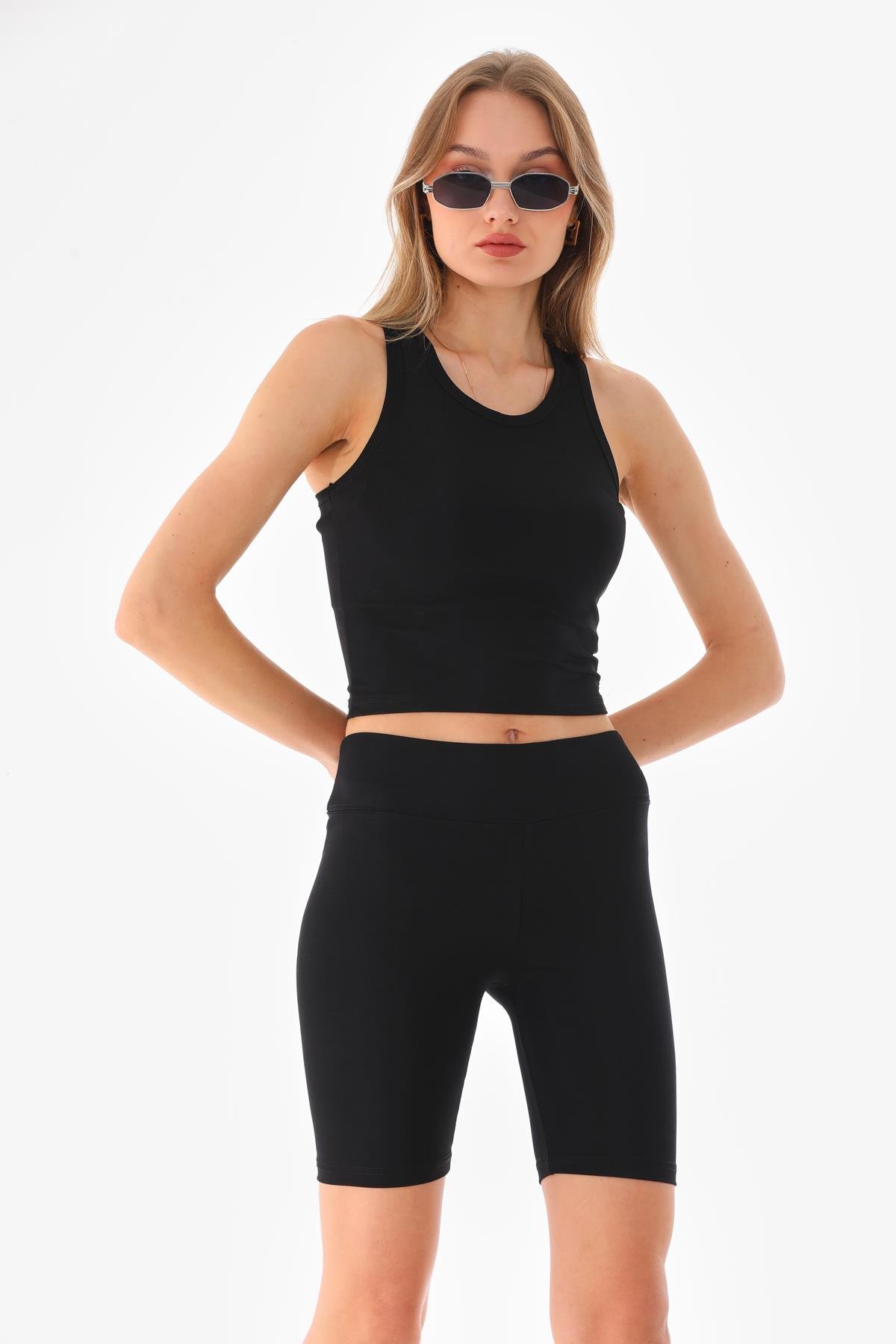 AFF-DKS-103 - Kadın Spor Yoga Biker Şort Parlak Siyah -westbound