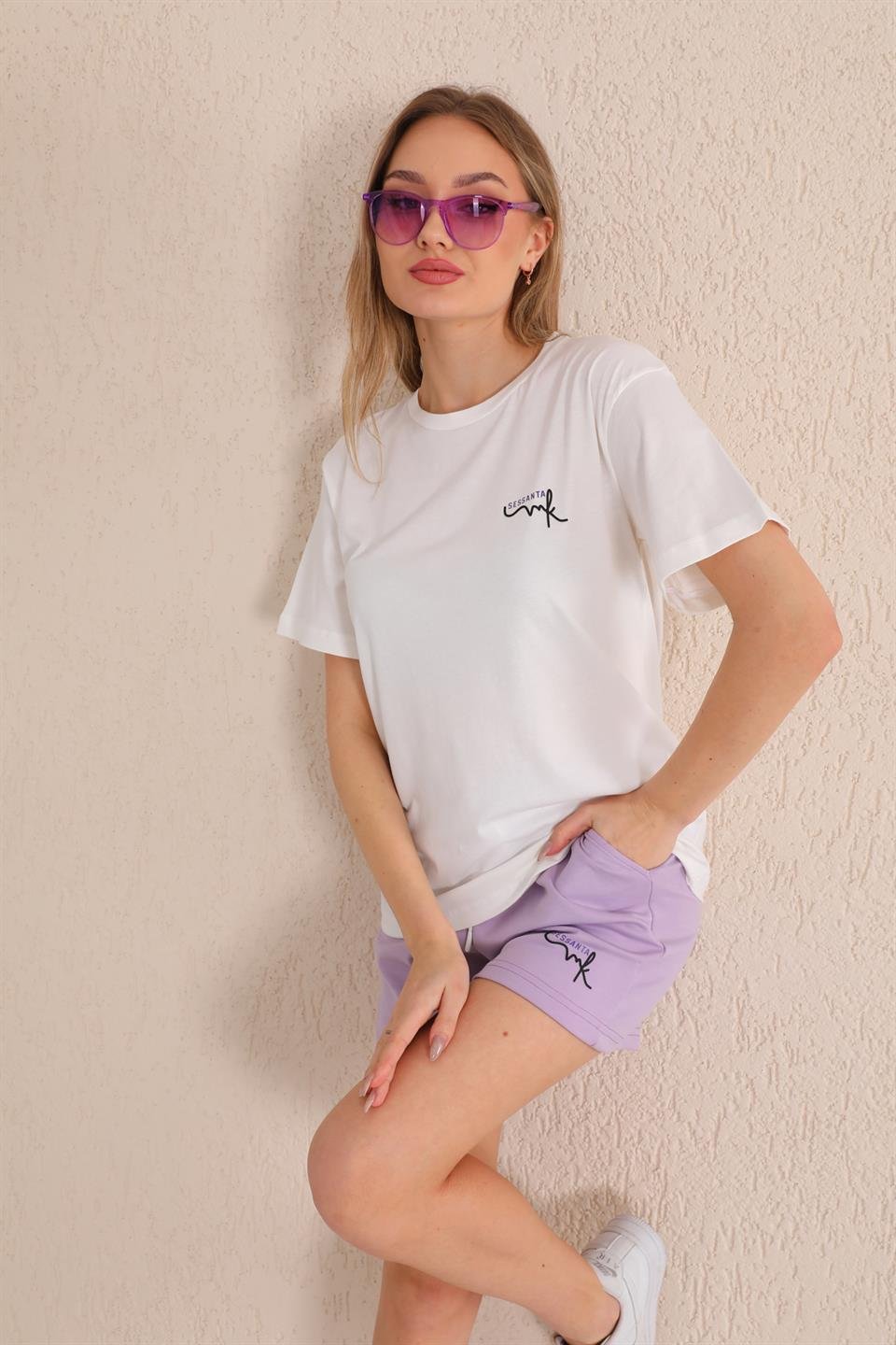 SS-1010 - Kadın T-Shirt Şort Günlük Spor Takım, Şortlu Pijama Takımı Lila -westbound