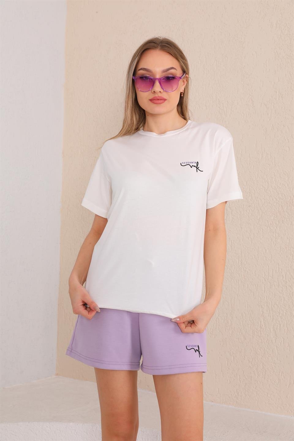 SS-1010 - Kadın T-Shirt Şort Günlük Spor Takım, Şortlu Pijama Takımı Lila -westbound