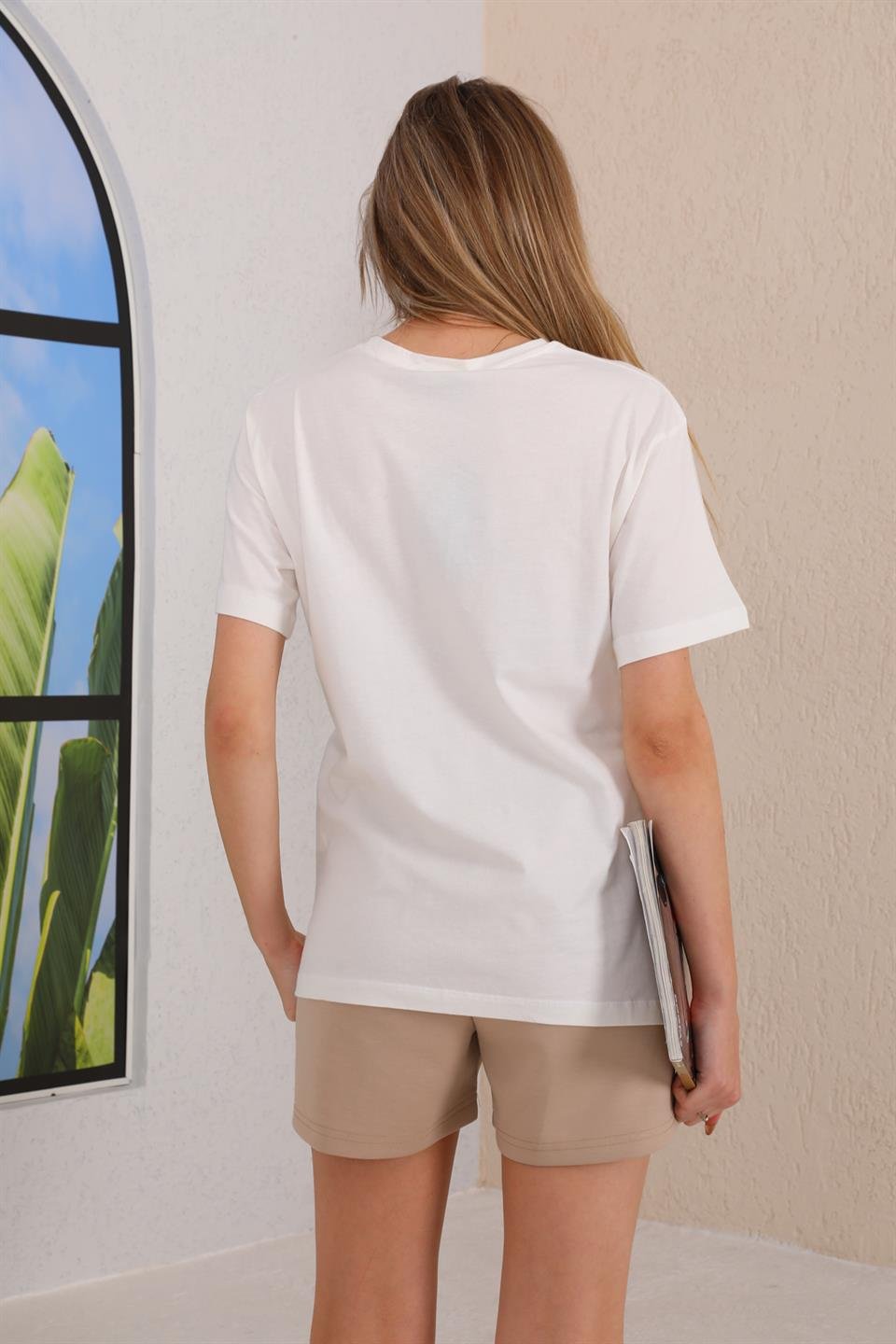 SS-1010 - Kadın T-Shirt Şort Günlük Spor Takım, Şortlu Pijama Takımı Bej -westbound