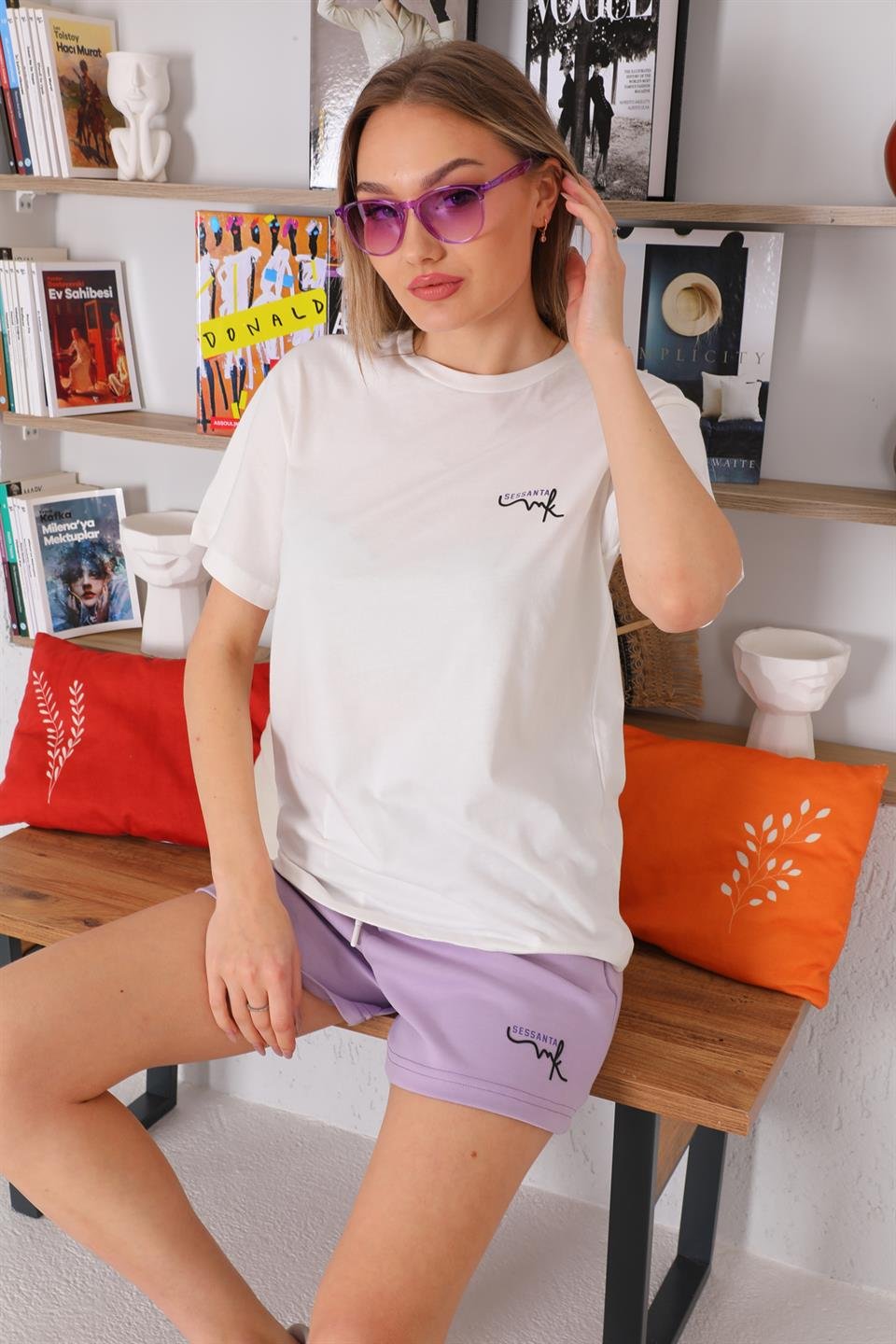 SS-1010 - Kadın T-Shirt Şort Günlük Spor Takım, Şortlu Pijama Takımı Lila -westbound
