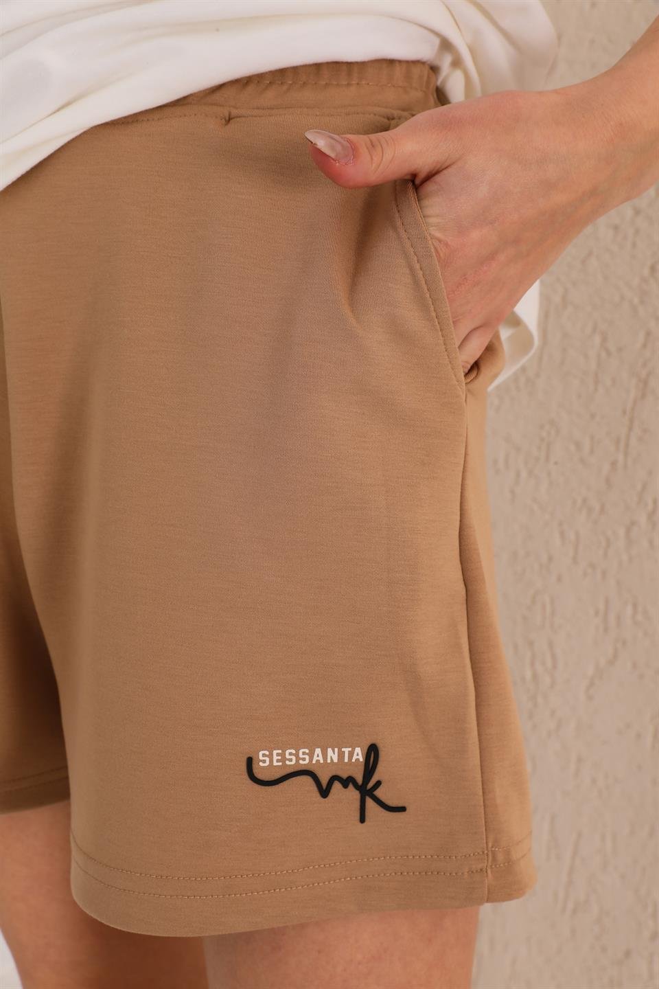 SS-1010 - Kadın T-Shirt Şort Günlük Spor Takım, Şortlu Pijama Takımı Vizon -westbound