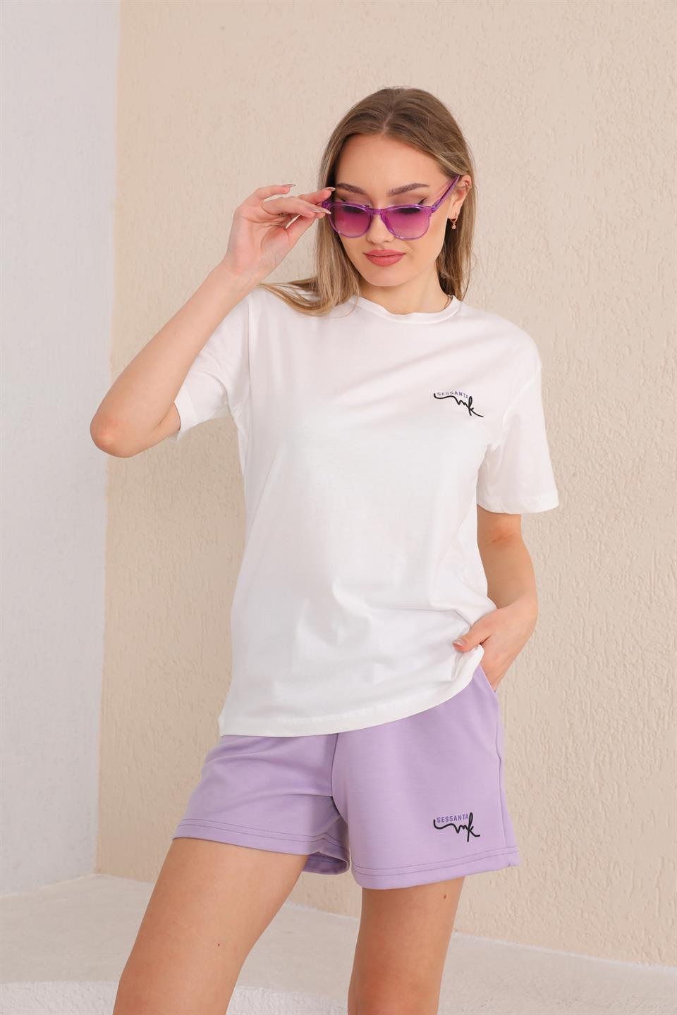 SS-1010 - Kadın T-Shirt Şort Günlük Spor Takım, Şortlu Pijama Takımı Lila -westbound