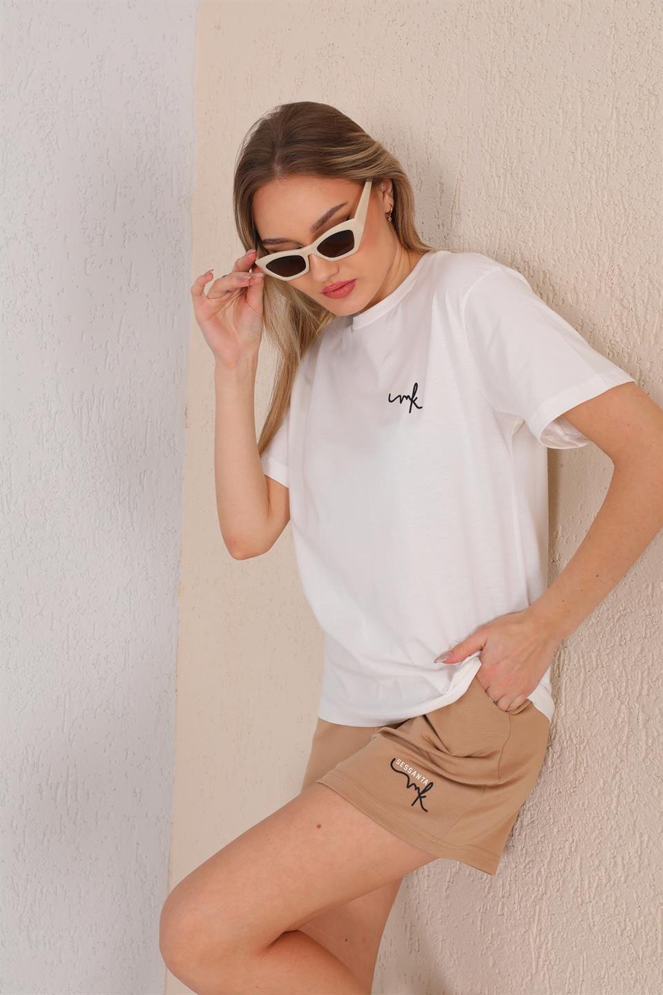 SS-1010 - Kadın T-Shirt Şort Günlük Spor Takım, Şortlu Pijama Takımı Vizon -westbound