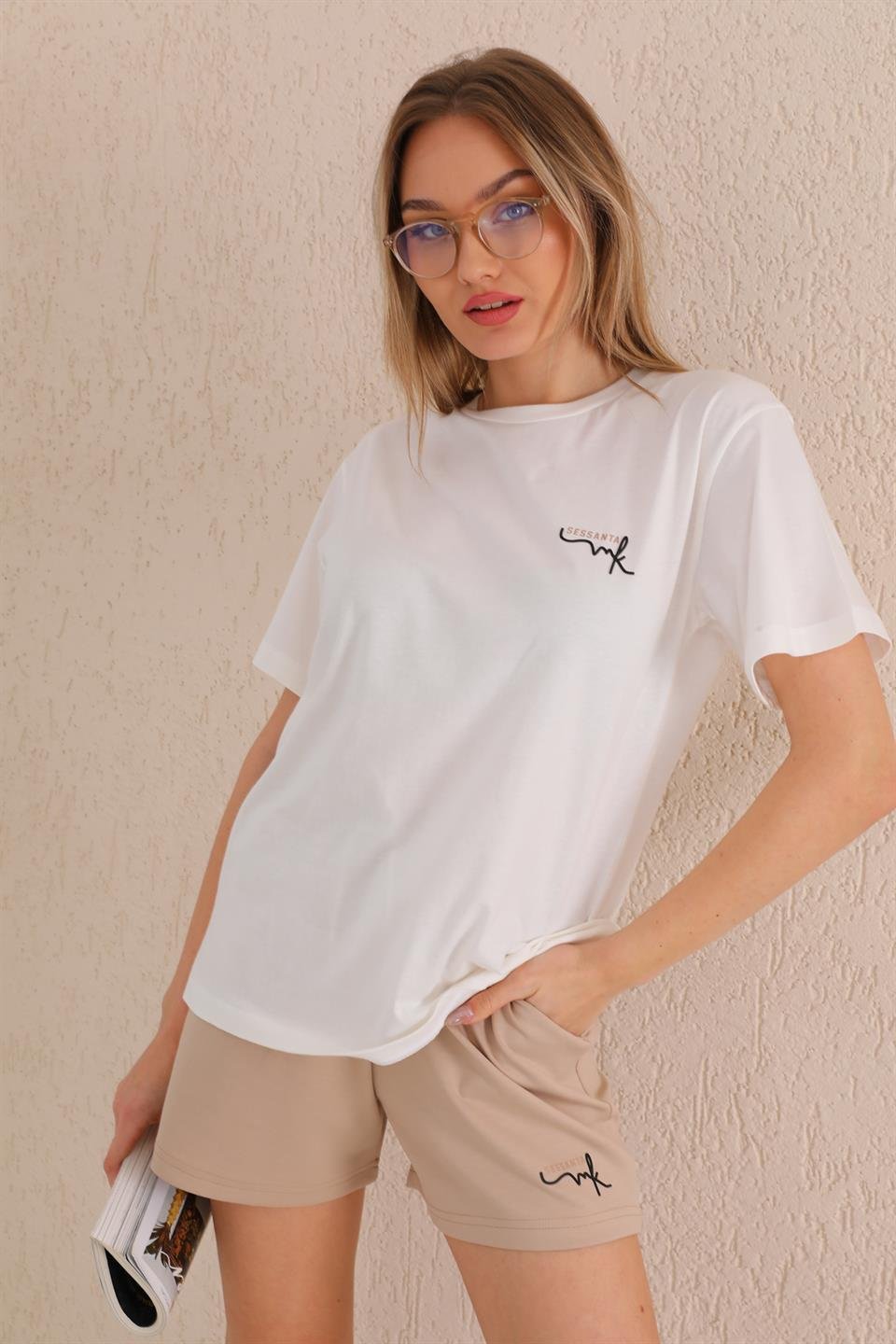SS-1010 - Kadın T-Shirt Şort Günlük Spor Takım, Şortlu Pijama Takımı Bej -westbound