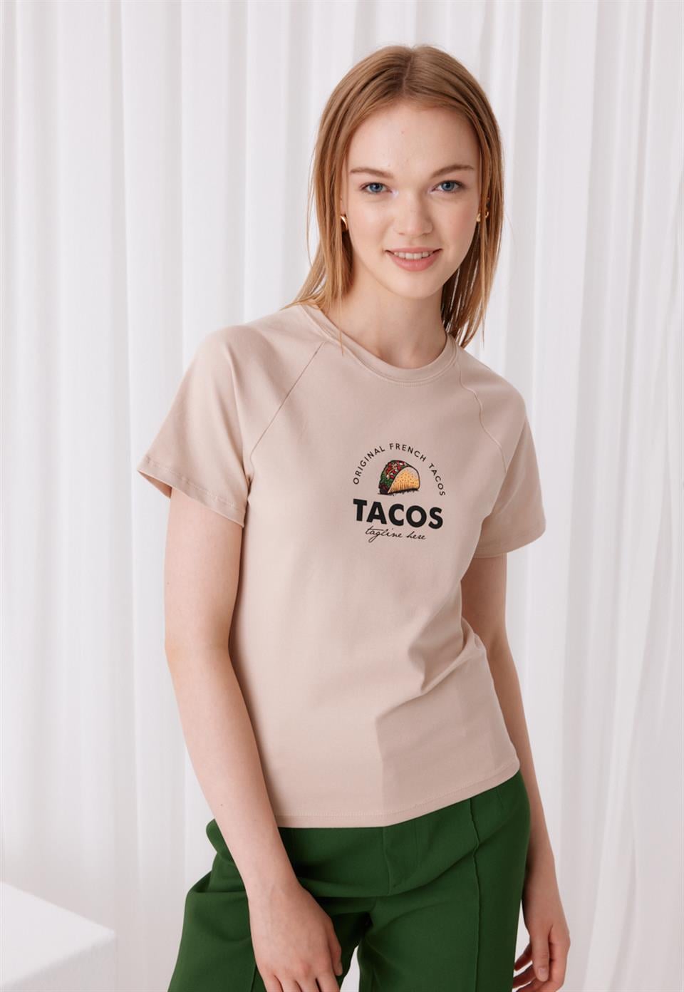 TG076 - Kadın Tacos Baskılı Kısa Kollu T-Shirt -TUBİA