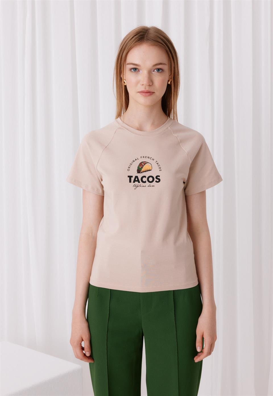 TG076 - Kadın Tacos Baskılı Kısa Kollu T-Shirt -TUBİA