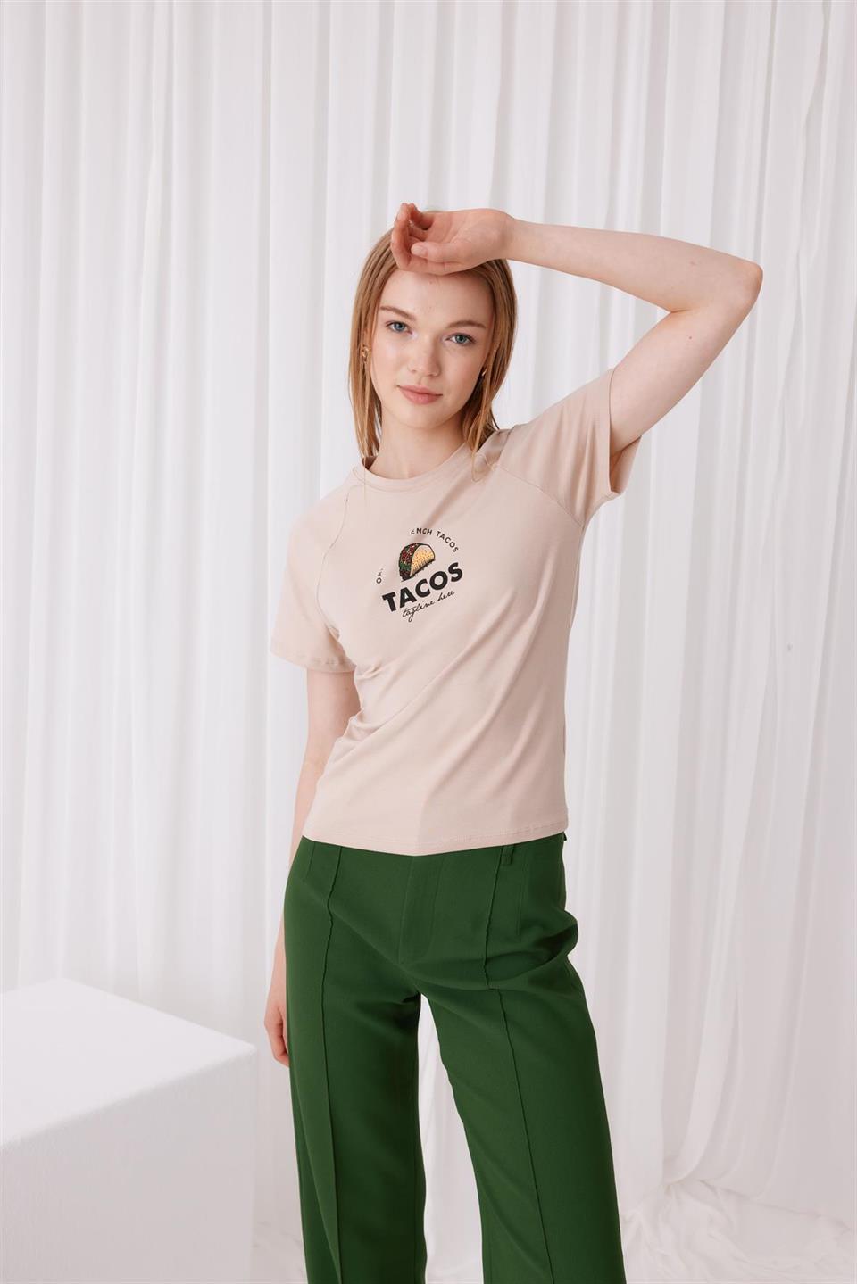 Kadın Tacos Baskılı Kısa Kollu T-Shirt