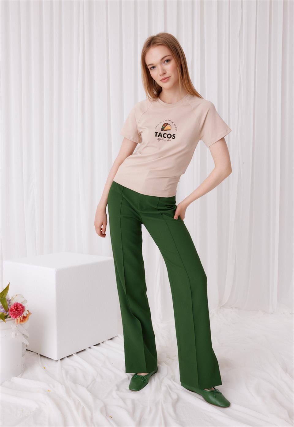 TG076 - Kadın Tacos Baskılı Kısa Kollu T-Shirt -TUBİA