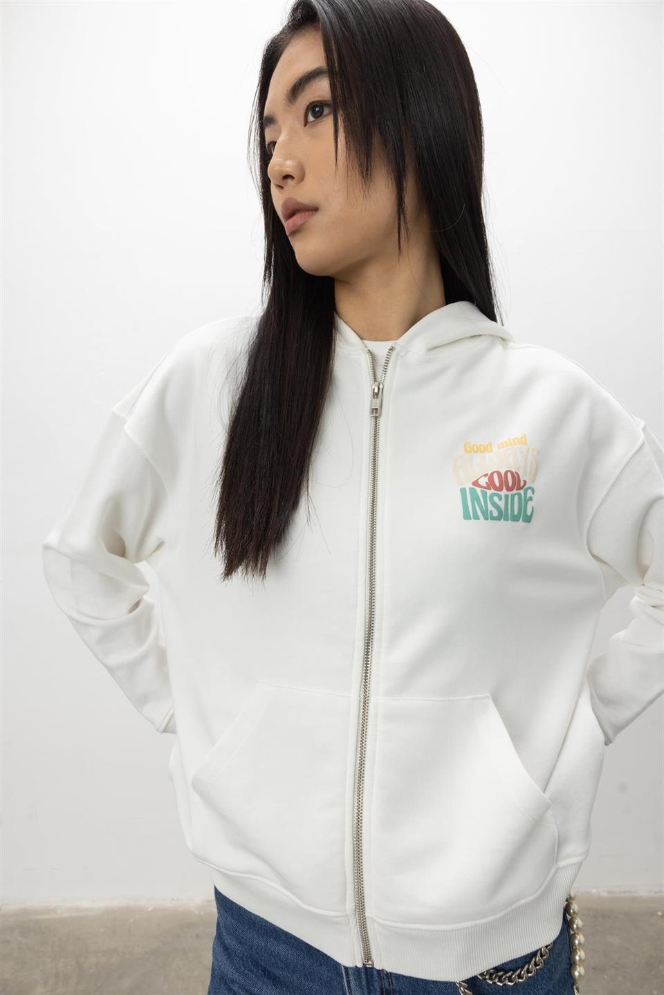 Kapüşonlu Fermuarlı Baskı Detaylı Sweatshirt