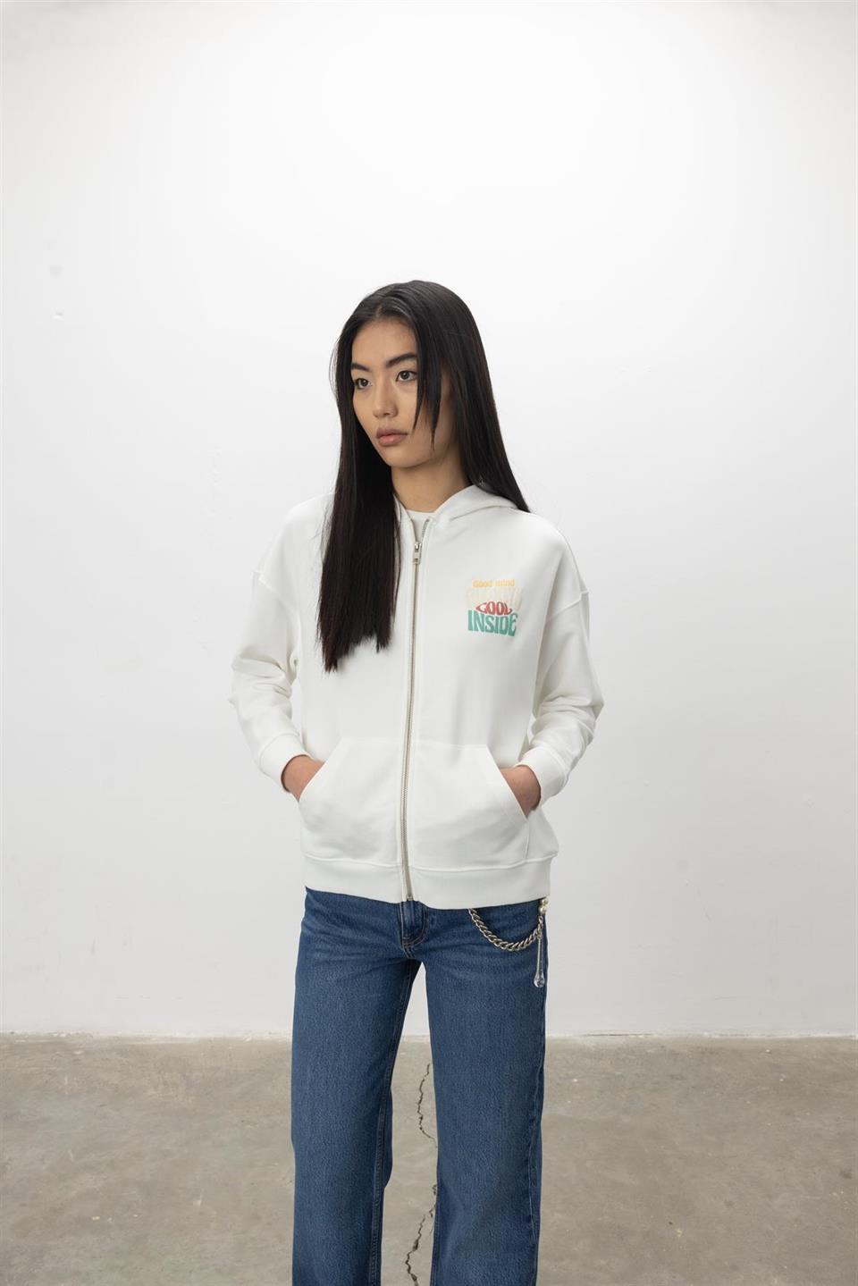 Kapüşonlu Fermuarlı Baskı Detaylı Sweatshirt