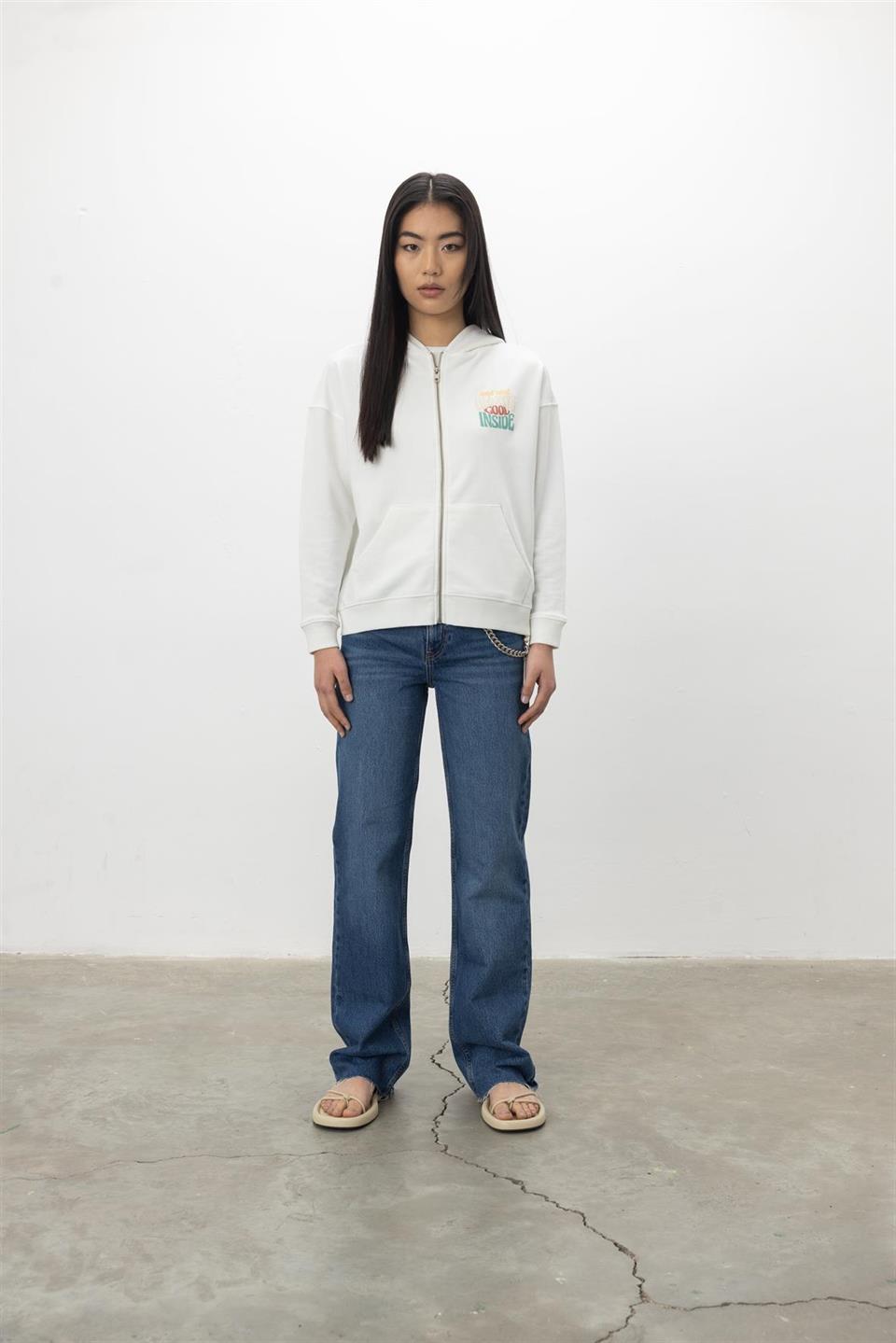 Kapüşonlu Fermuarlı Baskı Detaylı Sweatshirt