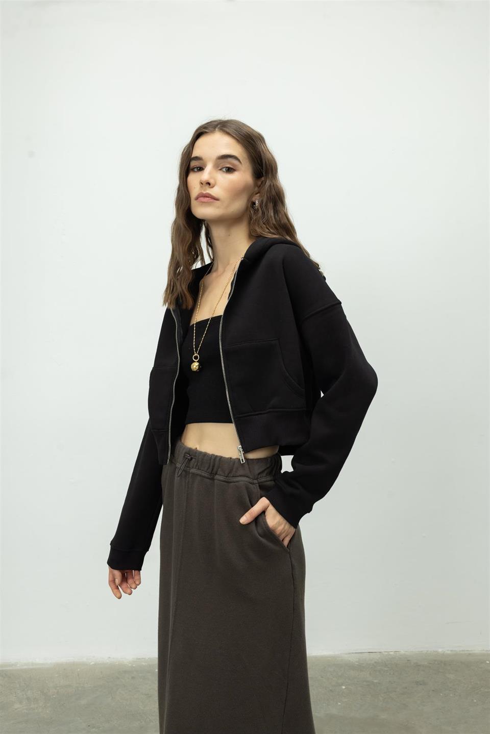 Kapüşonlu Şardonlu Crop Sweat Hırka