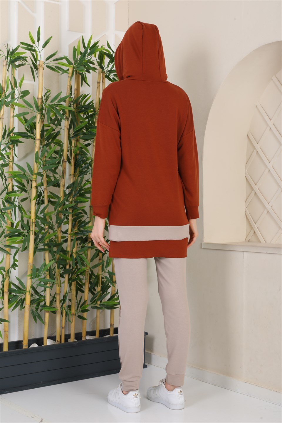 595-M6-R115 - Kiremit - Bej Kadın Kapşonlu Çift Renk Eşofman Takımı -westbound