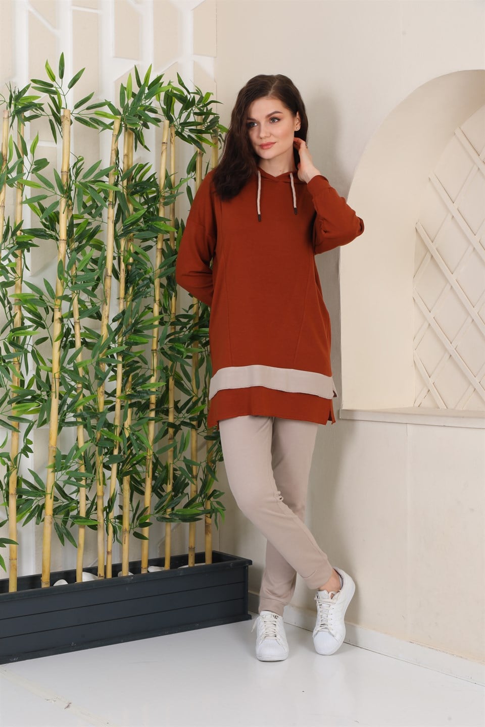 595-M6-R115 - Kiremit - Bej Kadın Kapşonlu Çift Renk Eşofman Takımı -westbound