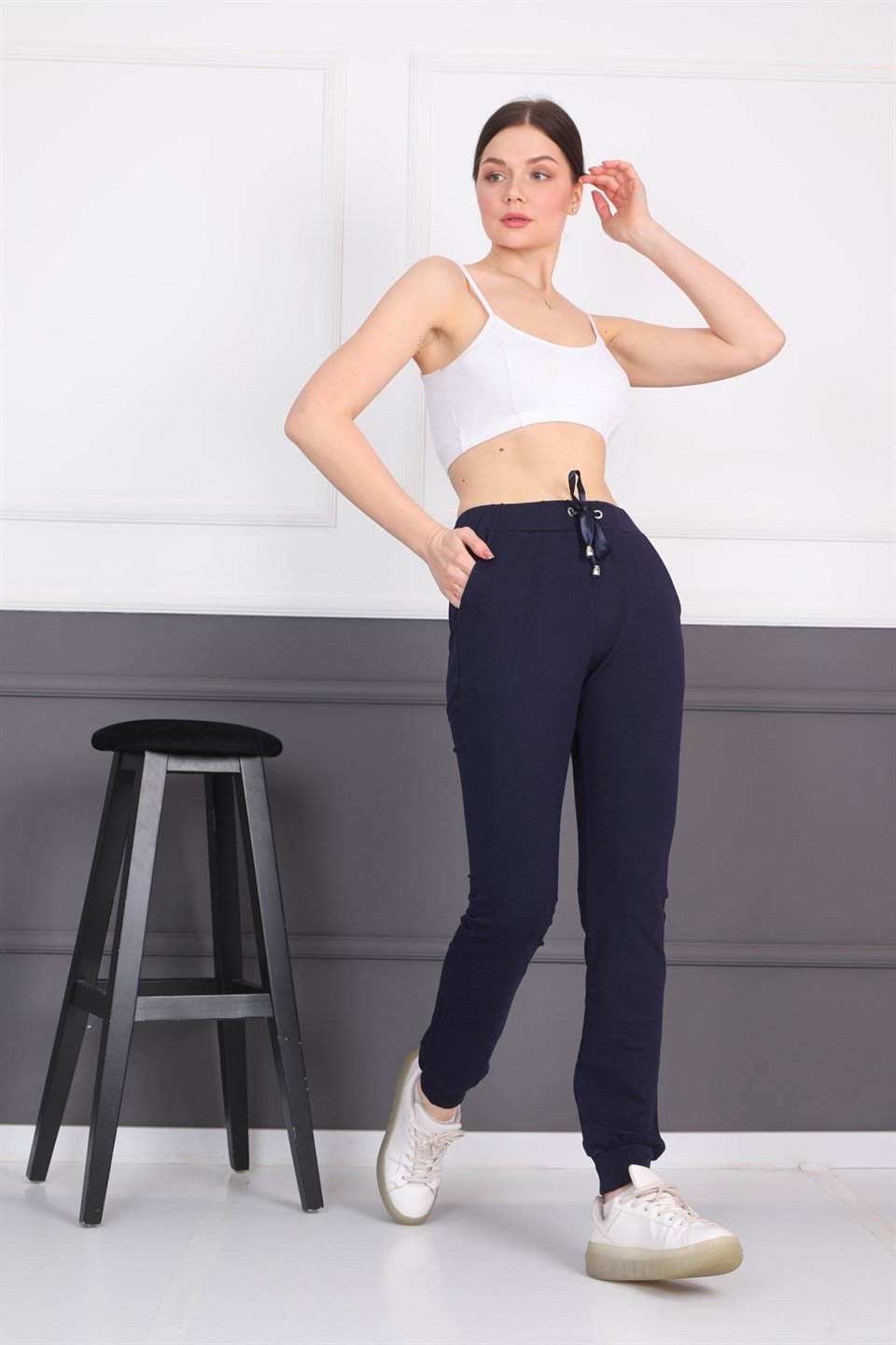 491607328 - Lacivert Kadın Eşofman Altı Cepli Ribanalı Bağcıklı Jogger Pantolon -westbound