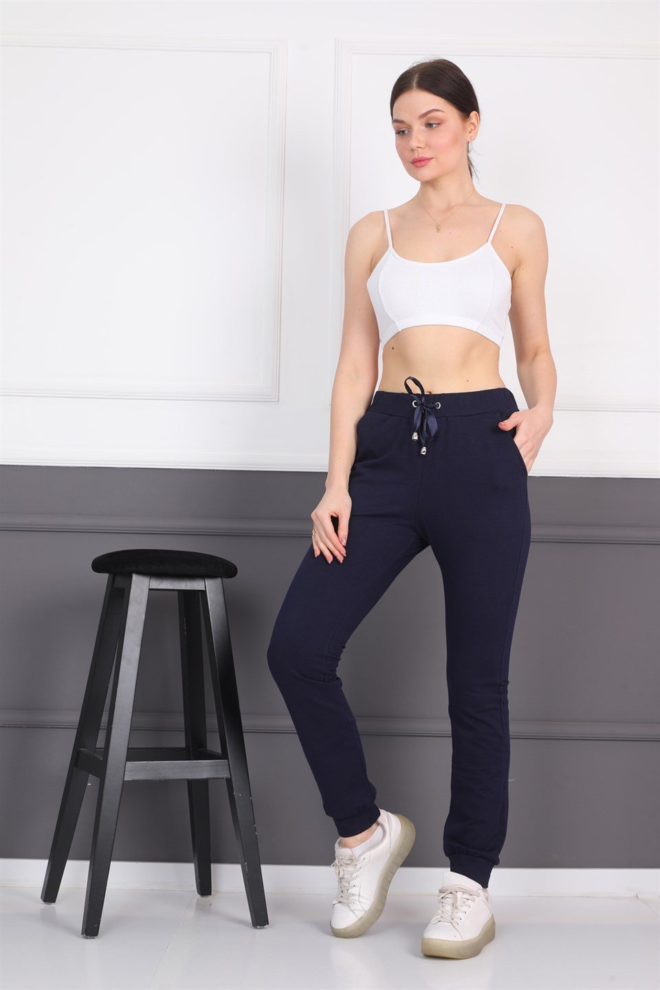 491607328 - Lacivert Kadın Eşofman Altı Cepli Ribanalı Bağcıklı Jogger Pantolon -westbound