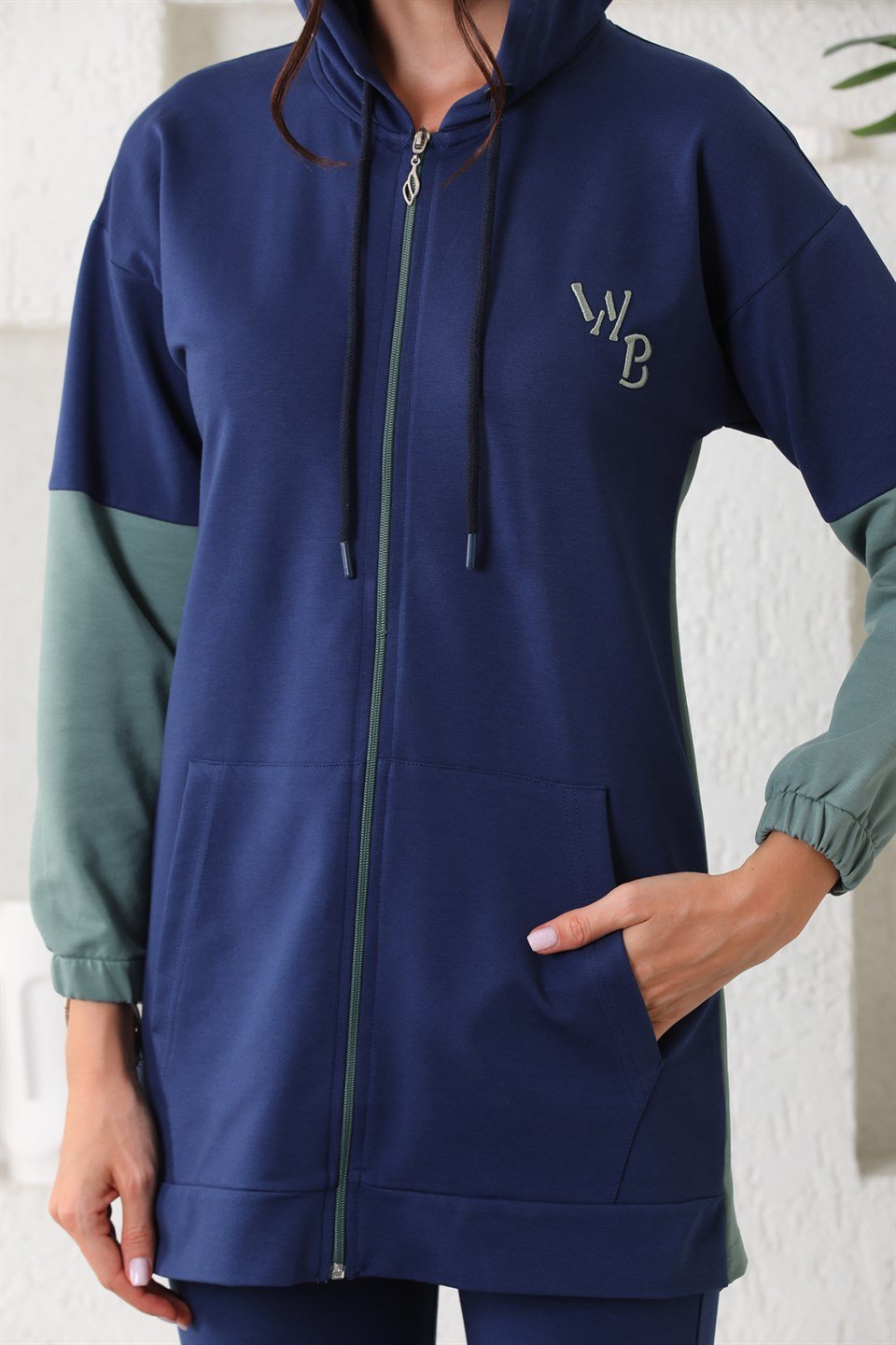 wb612--2-xl - Lacivert Mint Kadın Kapüşonlu Fermuarlı Kap- Jogger Eşofman Takımı -westbound