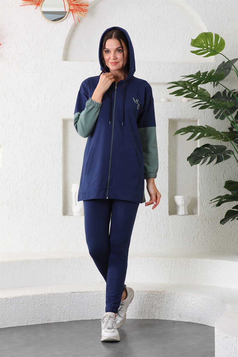 wb612--2-xl - Lacivert Mint Kadın Kapüşonlu Fermuarlı Kap- Jogger Eşofman Takımı -westbound