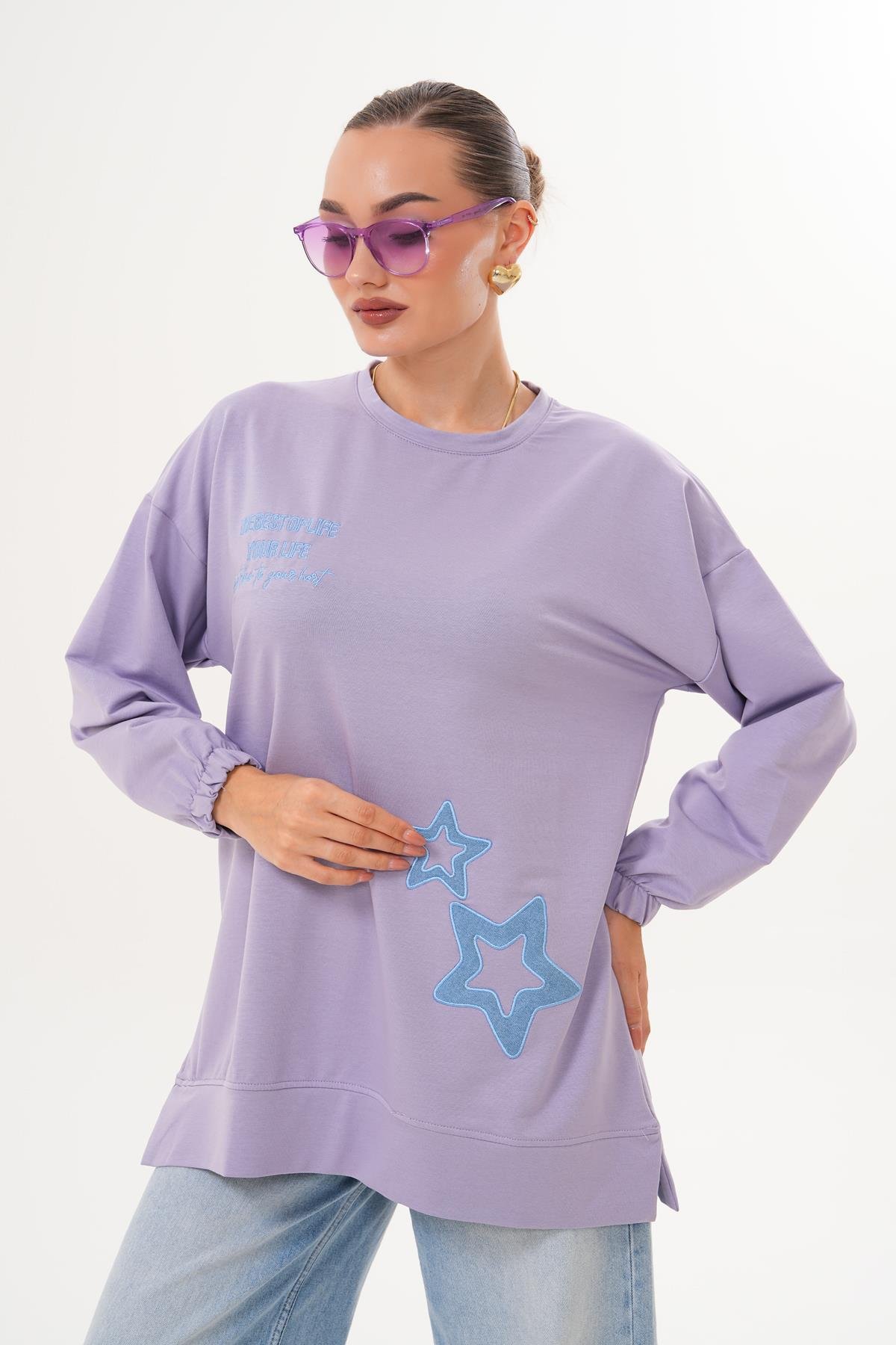 711 - Lila Yıldız Desenli Bisiklet Yaka Kadın Sweatshirt Tunik 711 -westbound
