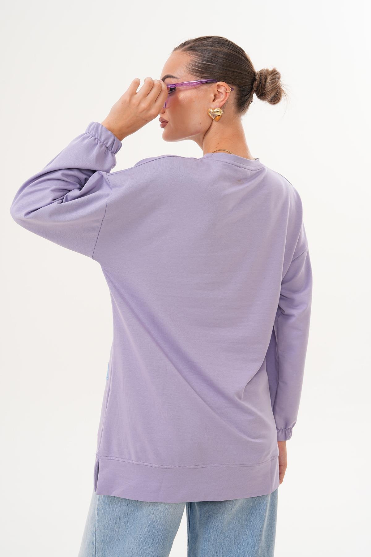 711 - Lila Yıldız Desenli Bisiklet Yaka Kadın Sweatshirt Tunik 711 -westbound