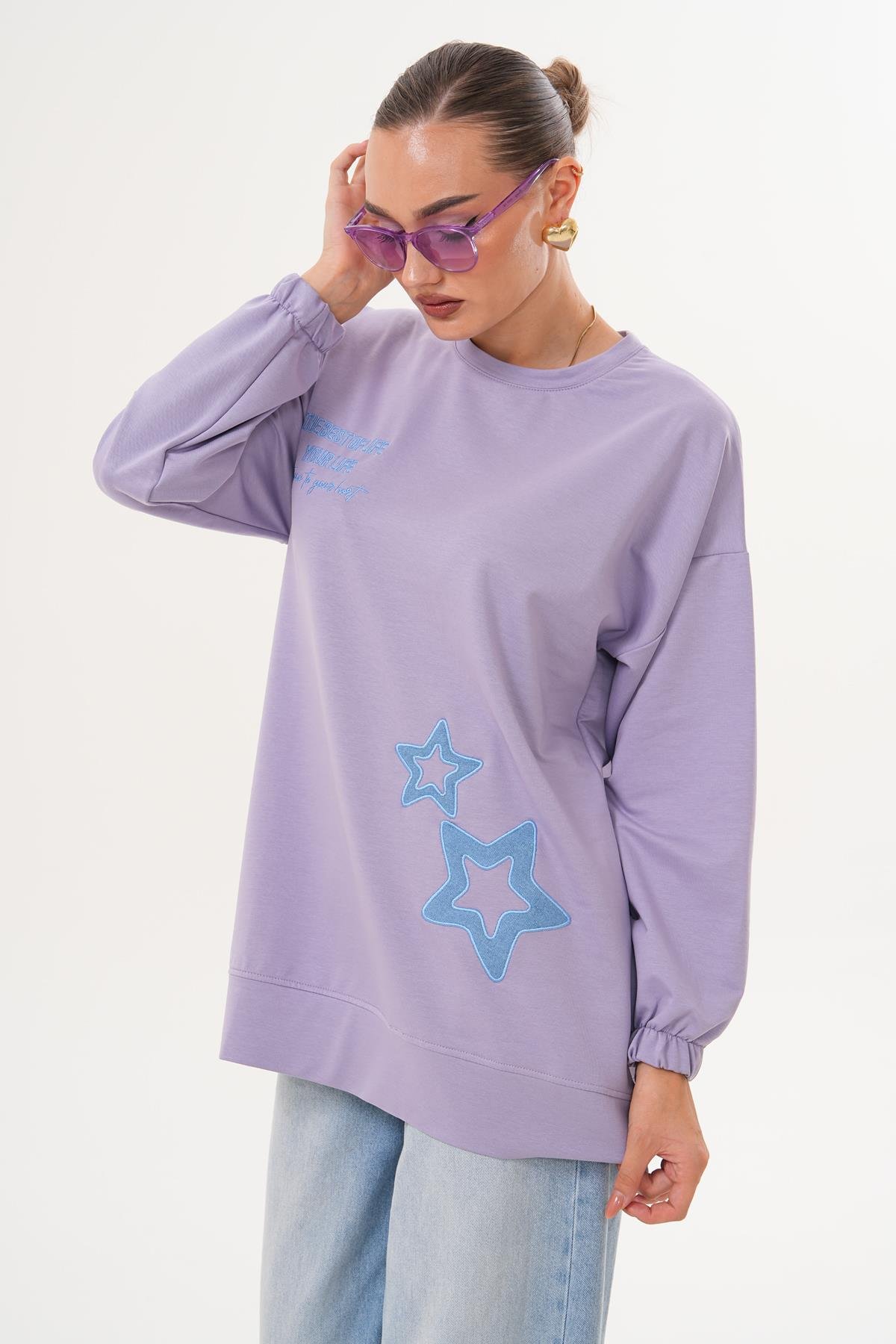711 - Lila Yıldız Desenli Bisiklet Yaka Kadın Sweatshirt Tunik 711 -westbound
