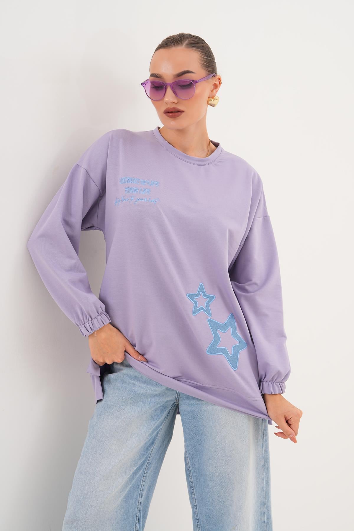 711 - Lila Yıldız Desenli Bisiklet Yaka Kadın Sweatshirt Tunik 711 -westbound