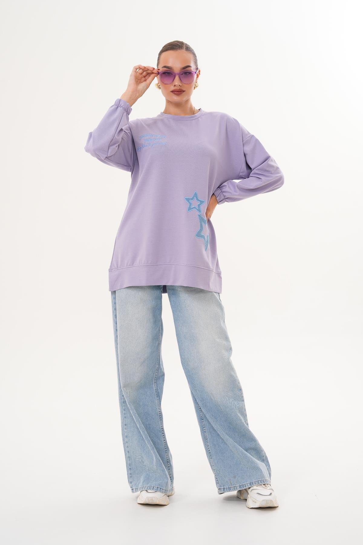 711 - Lila Yıldız Desenli Bisiklet Yaka Kadın Sweatshirt Tunik 711 -westbound