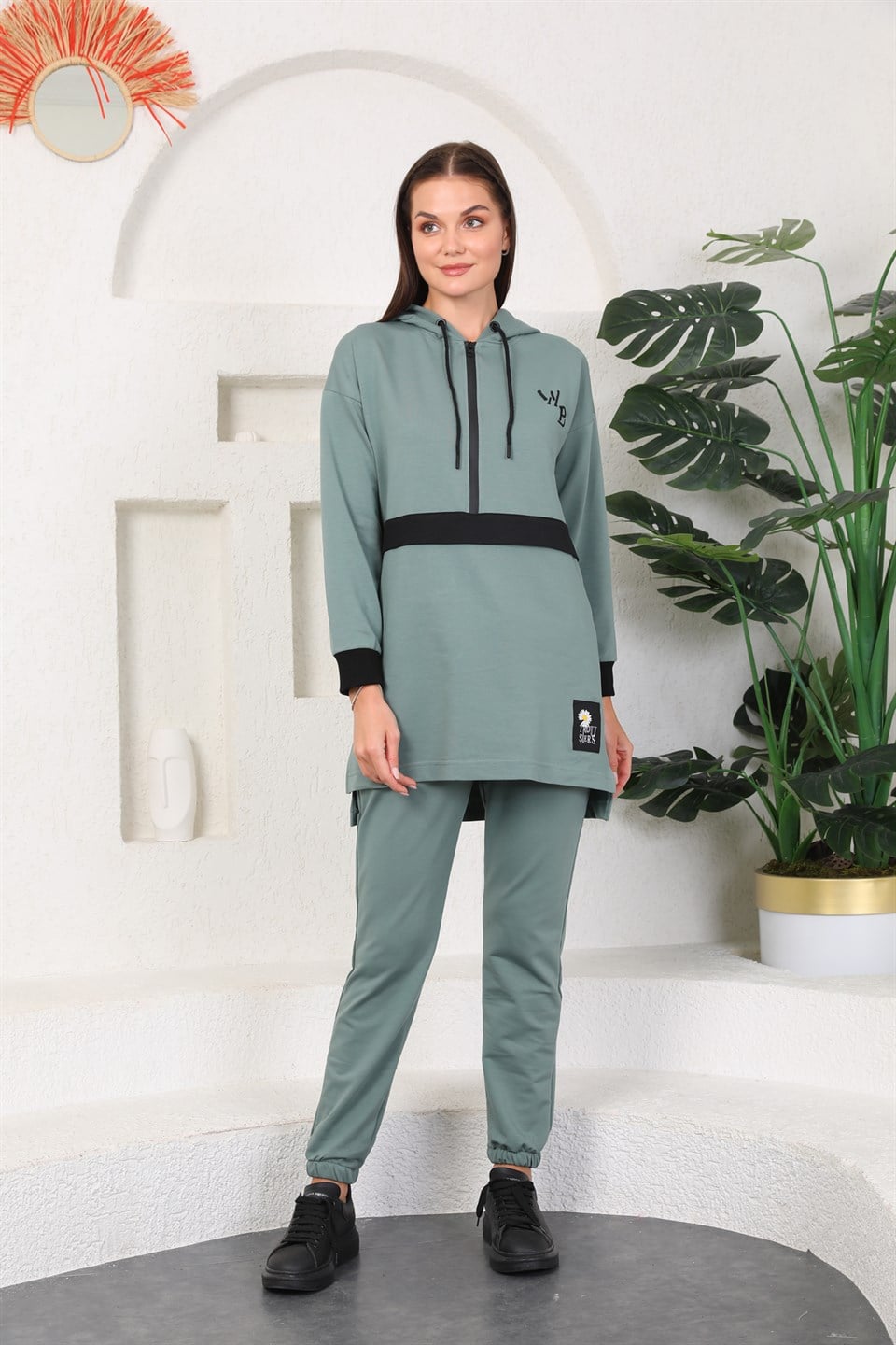 610-5--m - Mint Yeşil Renk Kadın Kapüşonlu Sweatshirt - Jogger  Spor Takım Eşofman -westbound