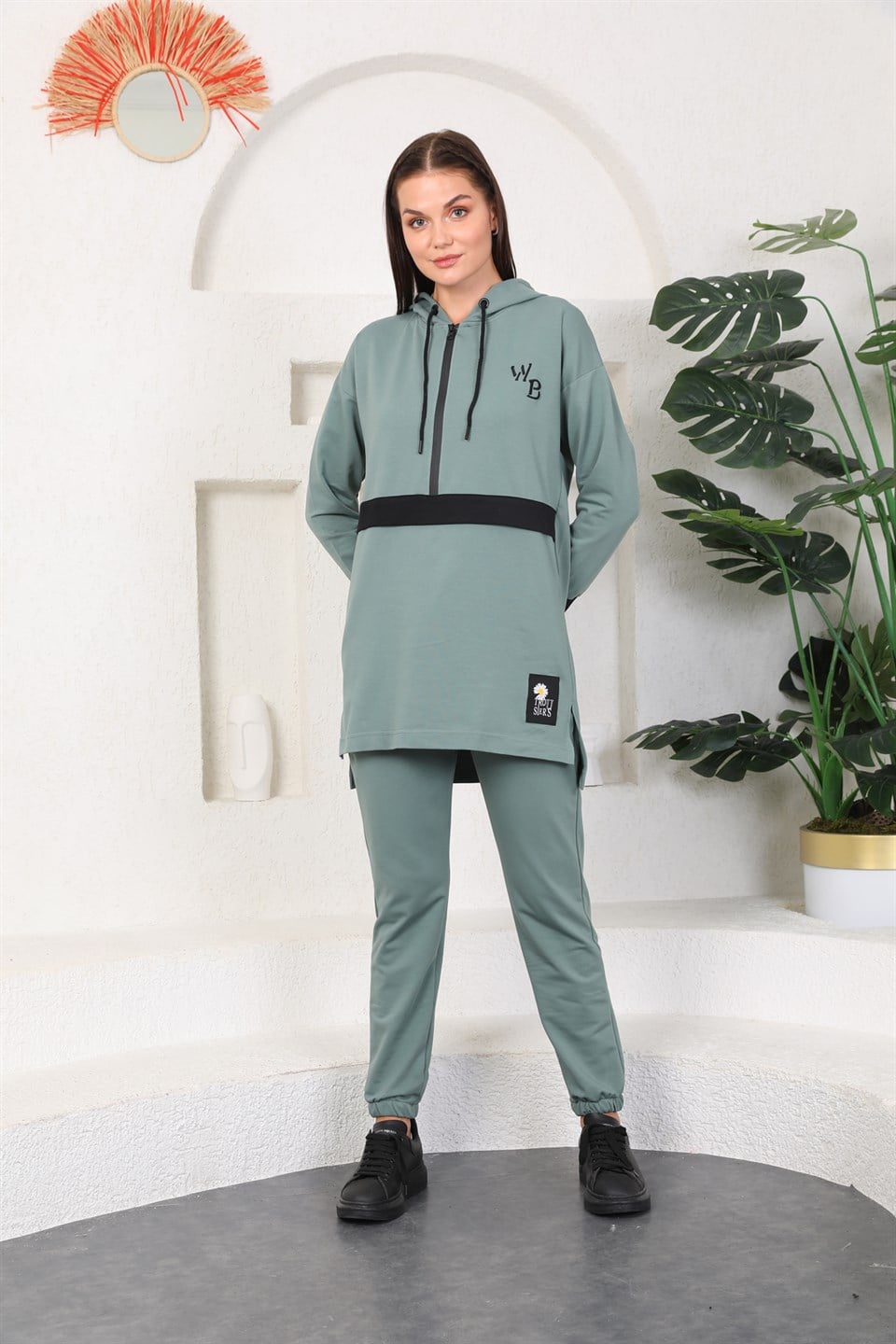 610-5--m - Mint Yeşil Renk Kadın Kapüşonlu Sweatshirt - Jogger  Spor Takım Eşofman -westbound