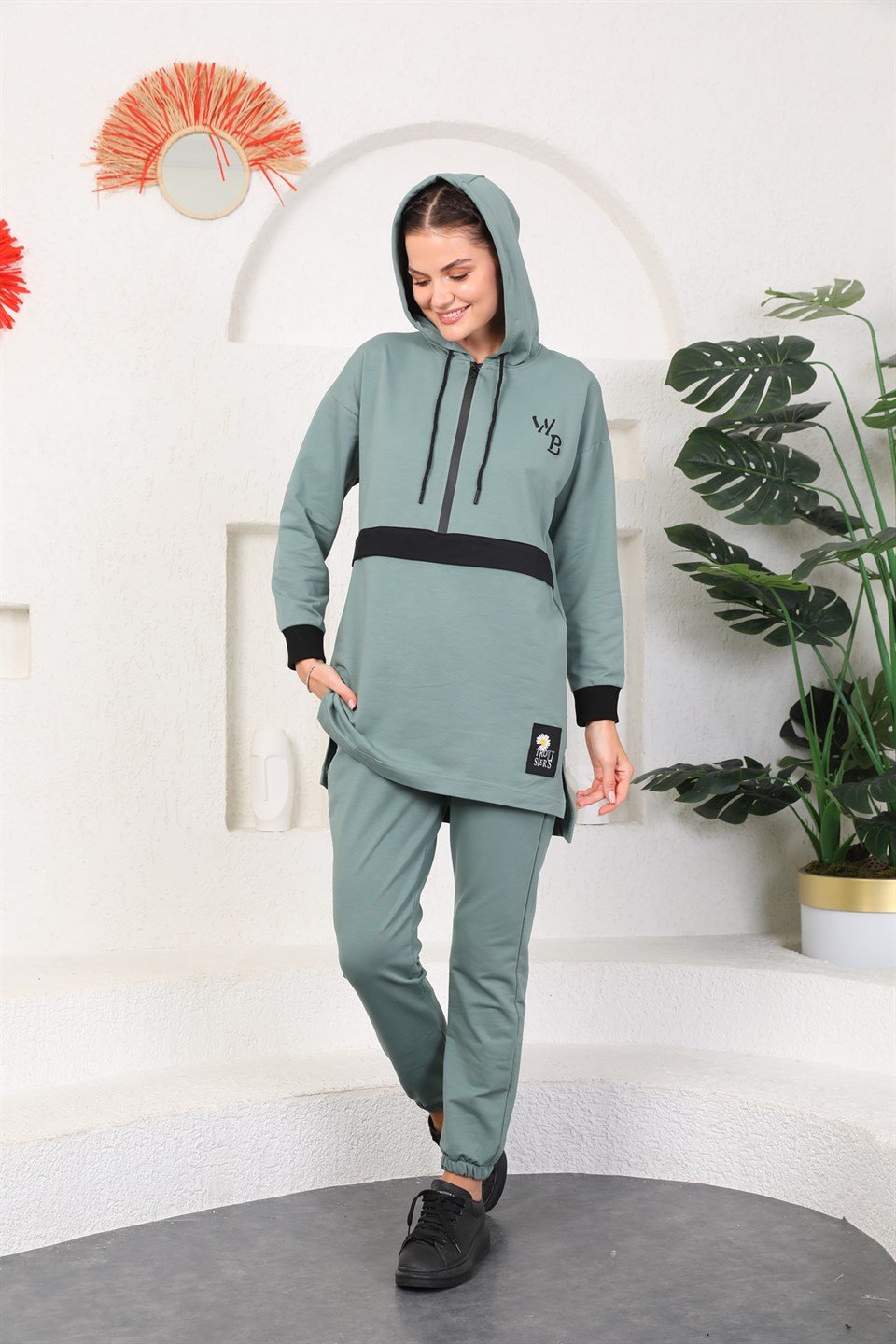 610-5--m - Mint Yeşil Renk Kadın Kapüşonlu Sweatshirt - Jogger  Spor Takım Eşofman -westbound