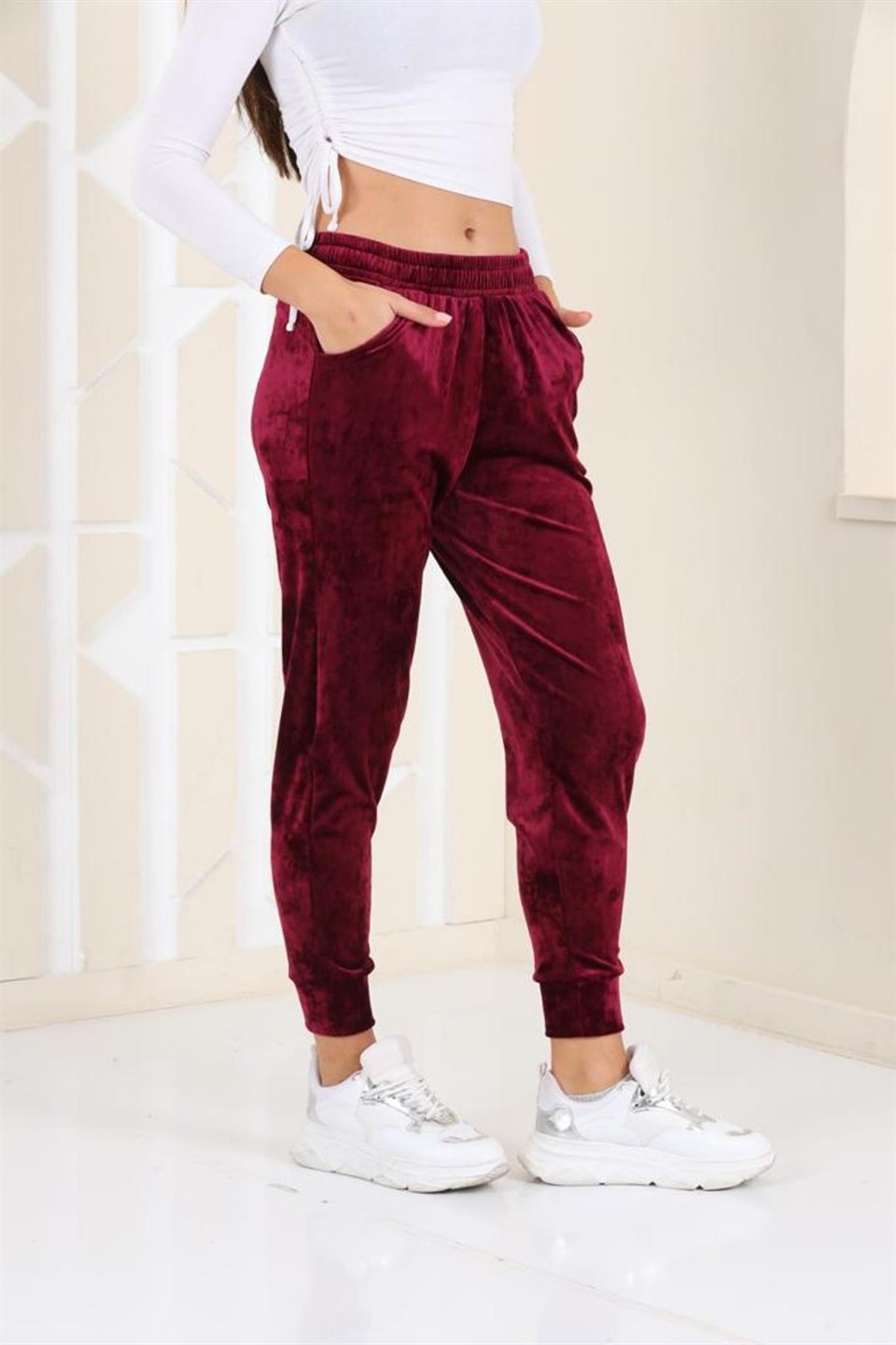 177-3-M - Mürdüm Renk Kadife Eşofman Altı - Pijama - Jogger Model -westbound