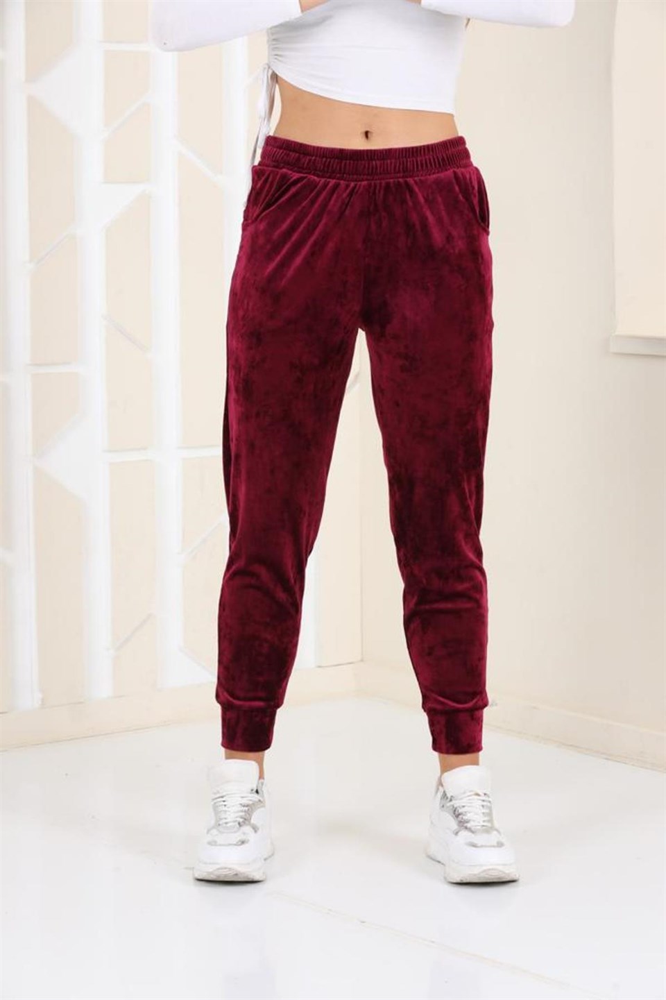 177-3-M - Mürdüm Renk Kadife Eşofman Altı - Pijama - Jogger Model -westbound