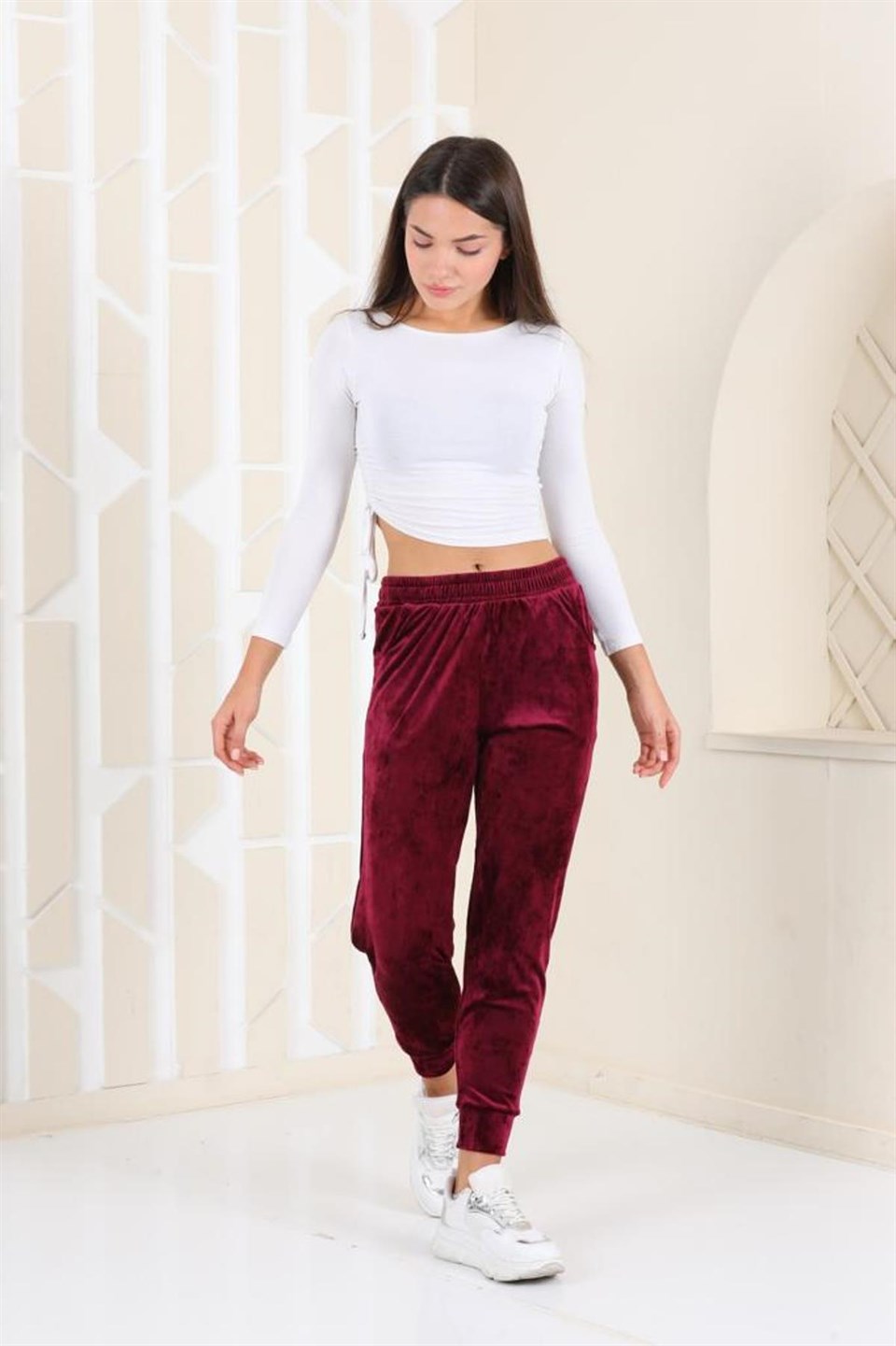 177-3-M - Mürdüm Renk Kadife Eşofman Altı - Pijama - Jogger Model -westbound