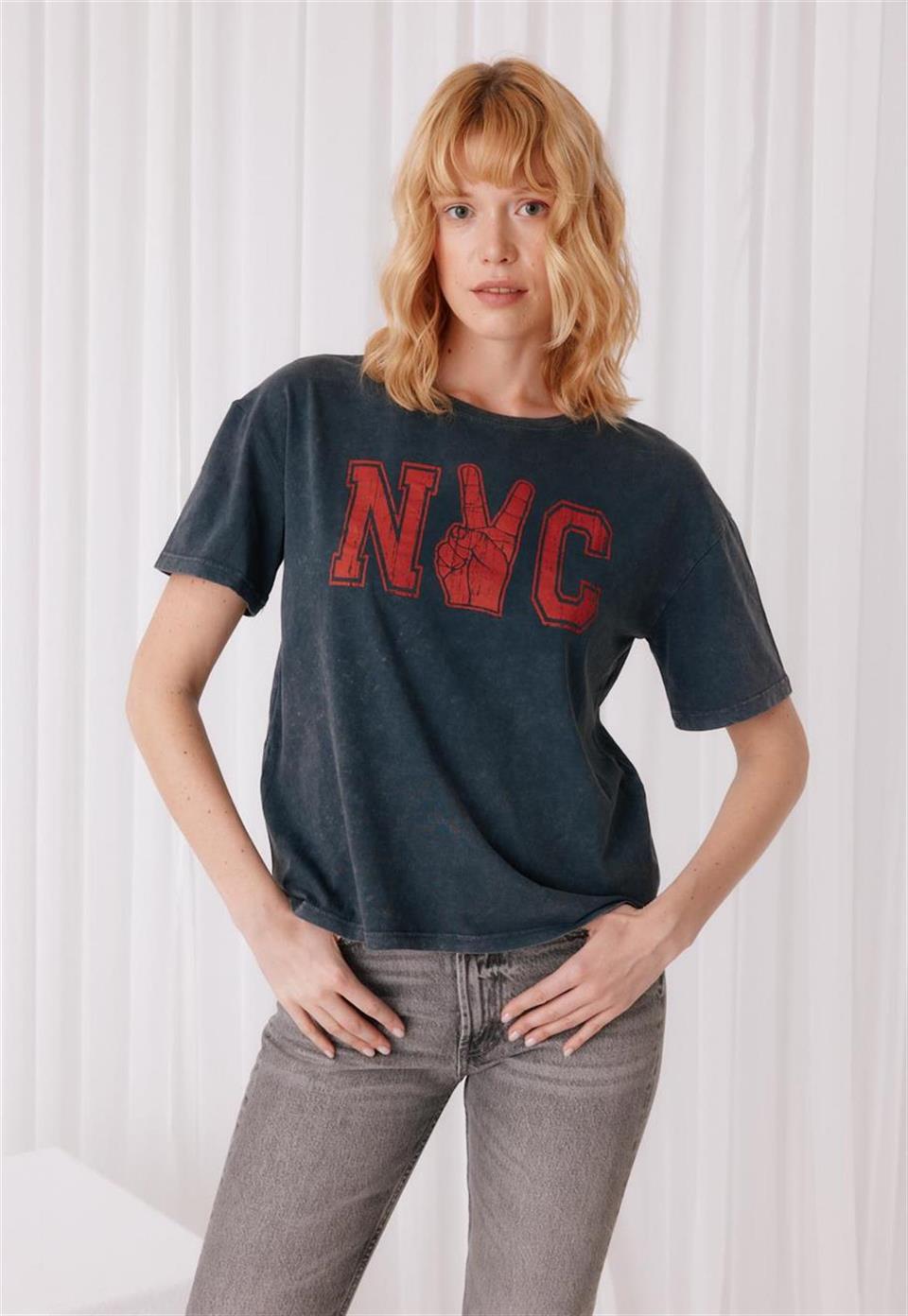NYC Baskılı Antrasit Renk T-Shirt