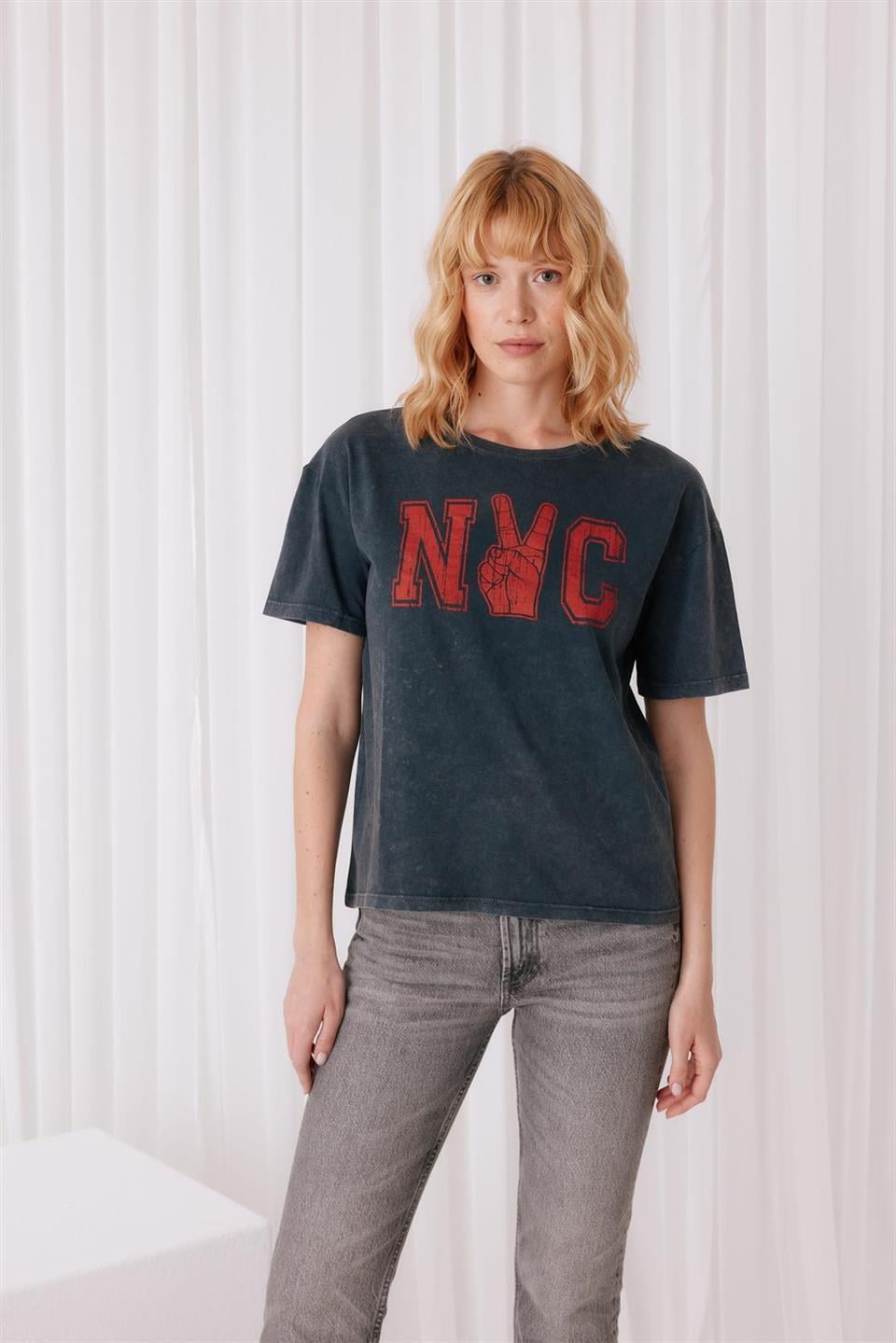 NYC Baskılı Antrasit Renk T-Shirt
