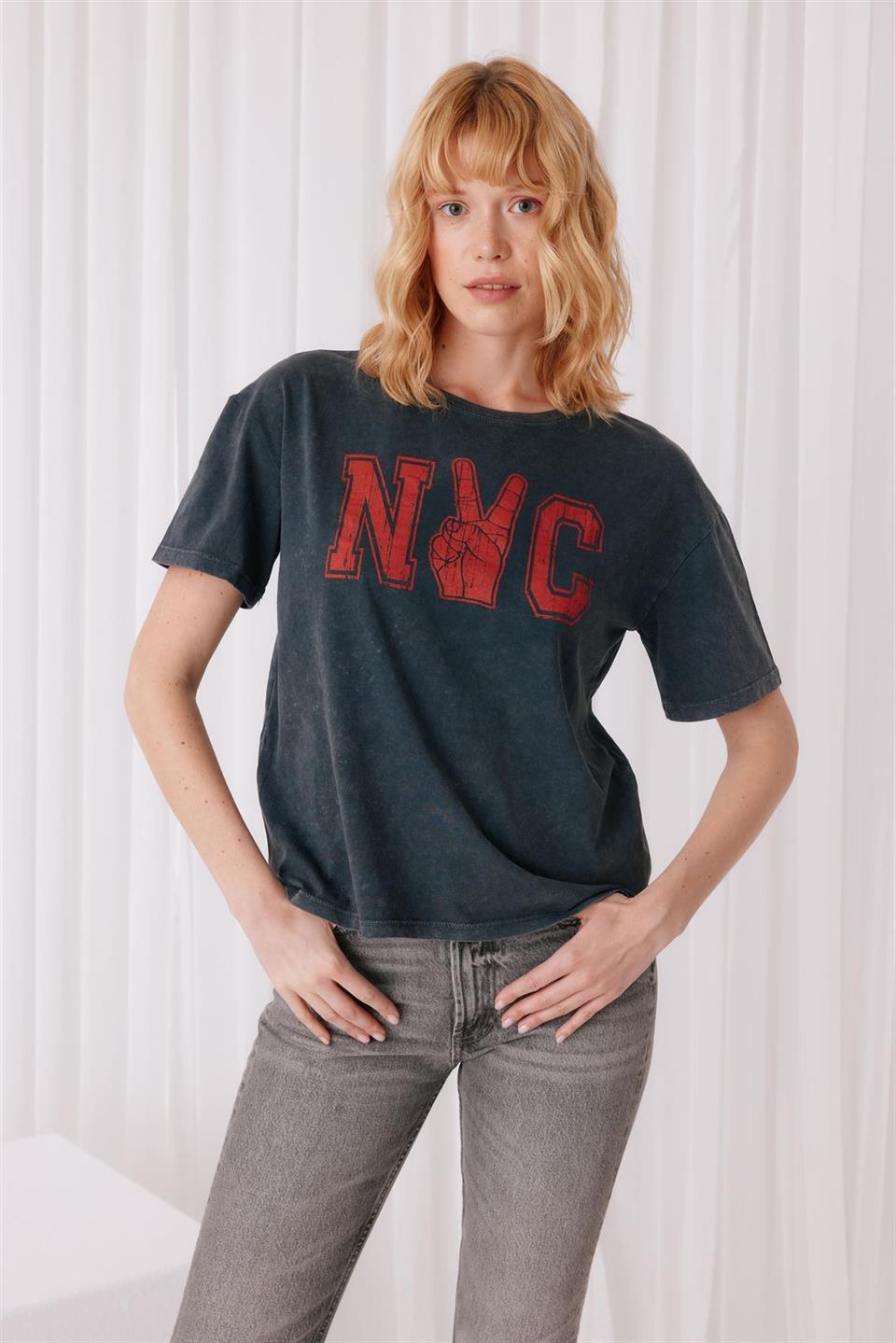NYC Baskılı Antrasit Renk T-Shirt