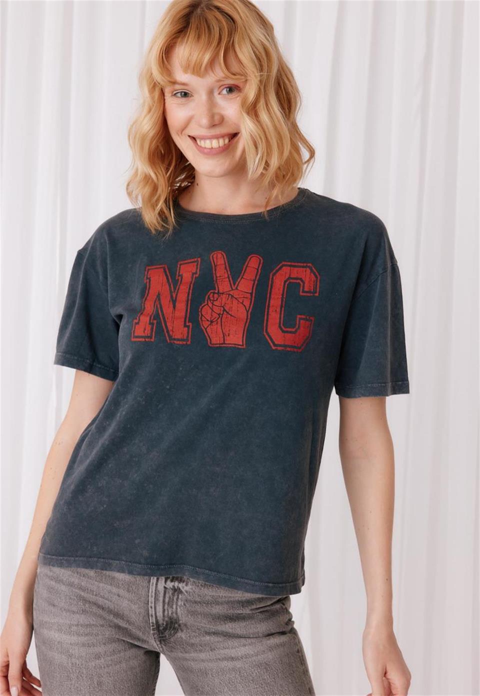 NYC Baskılı Antrasit Renk T-Shirt