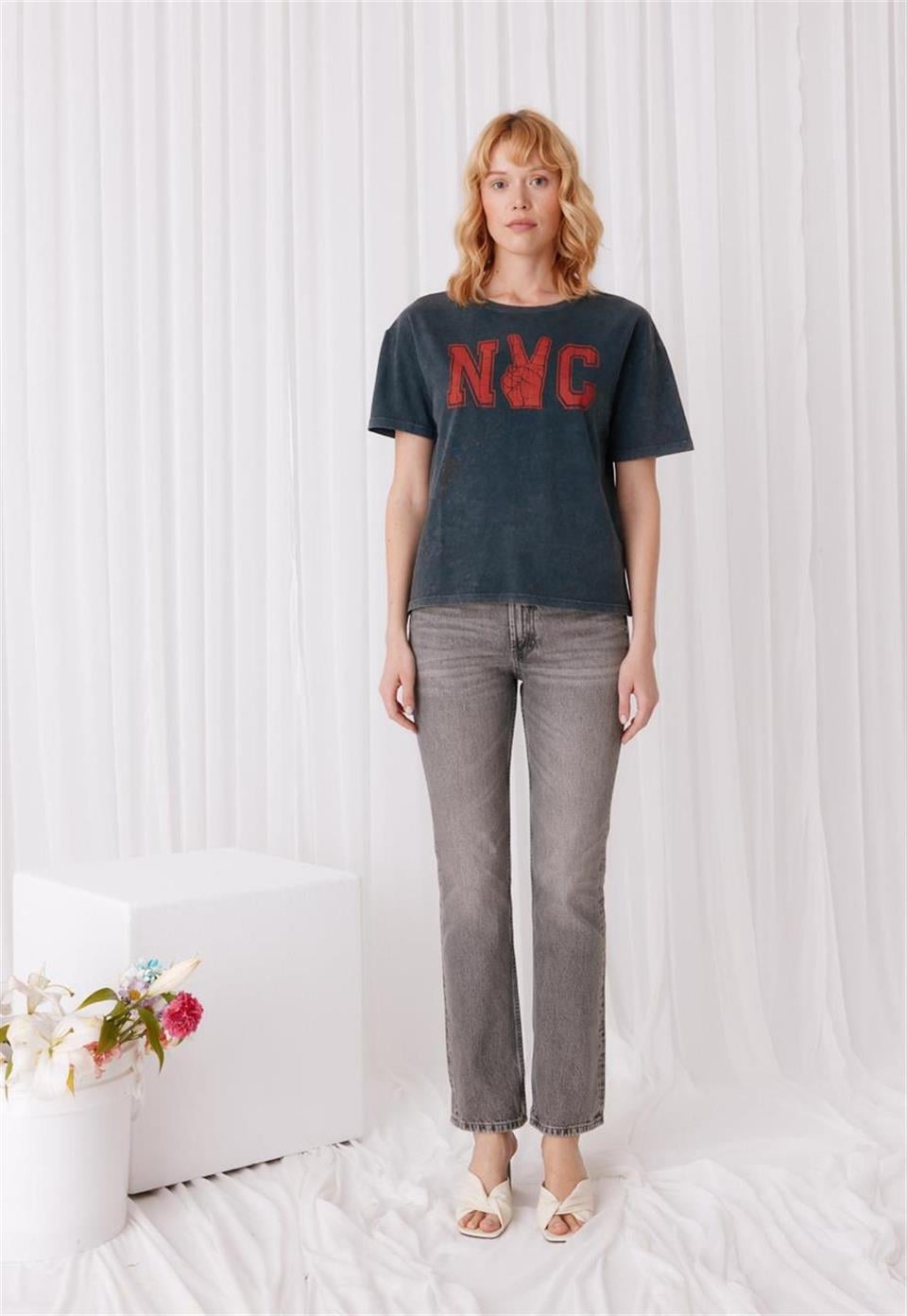NYC Baskılı Antrasit Renk T-Shirt
