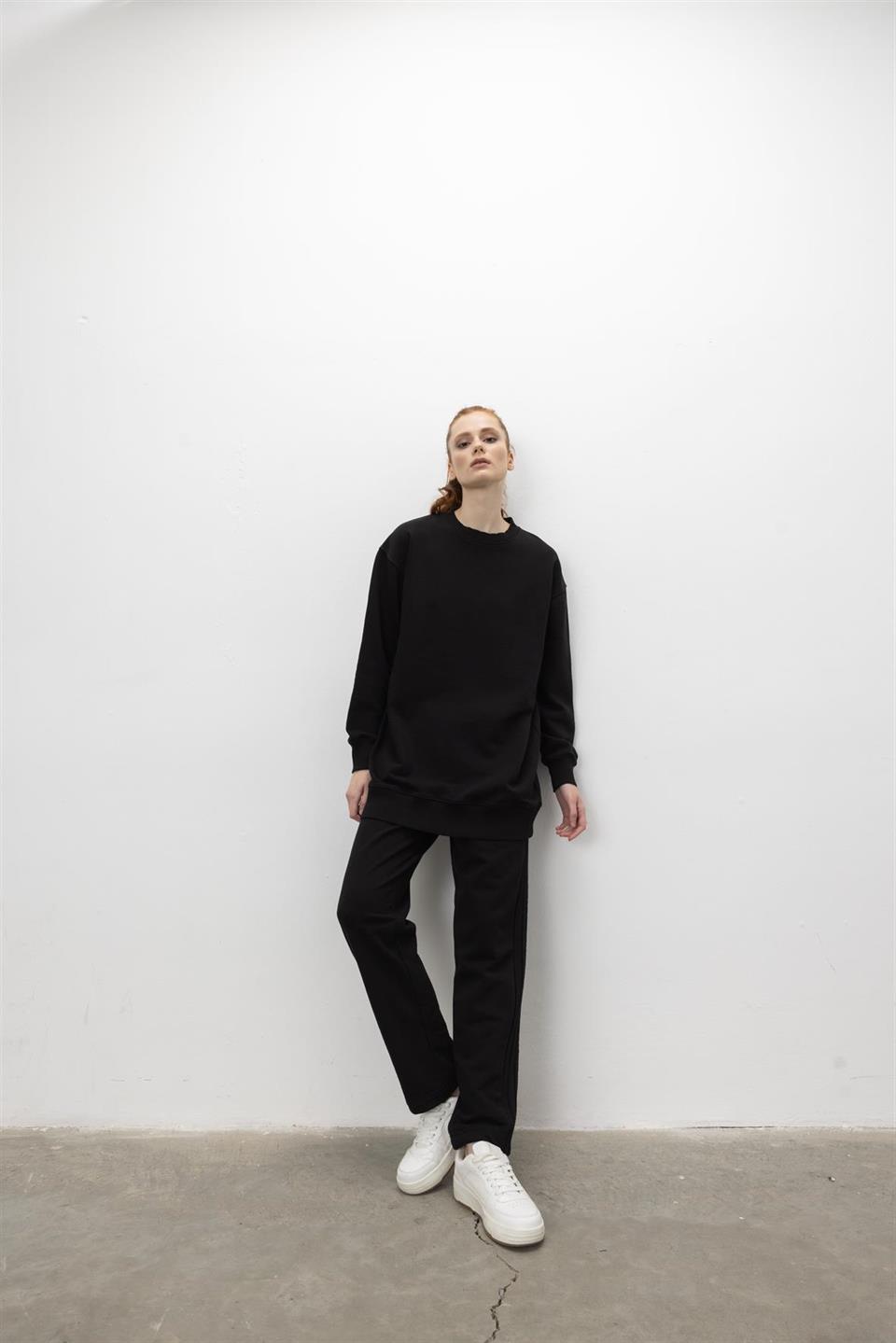 Oversize Basic 3 İplik Diagonel Kumaş Şardonsuz Uzun Sweatshirt