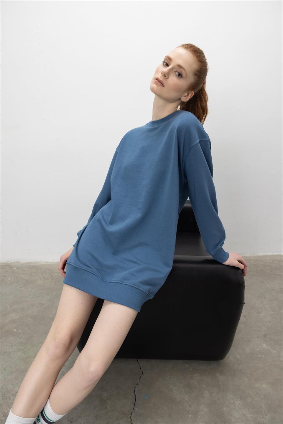 Oversize Basic 3 İplik Diagonel Kumaş Şardonsuz Uzun Sweatshirt