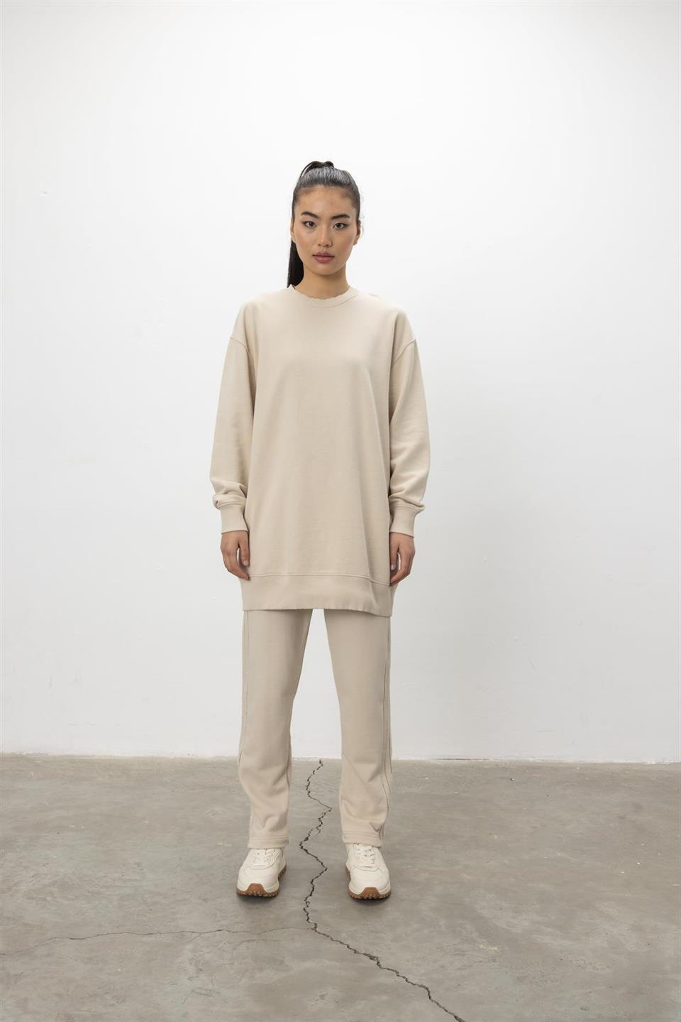 Oversize Basic 3 İplik Diagonel Kumaş Şardonsuz Uzun Sweatshirt