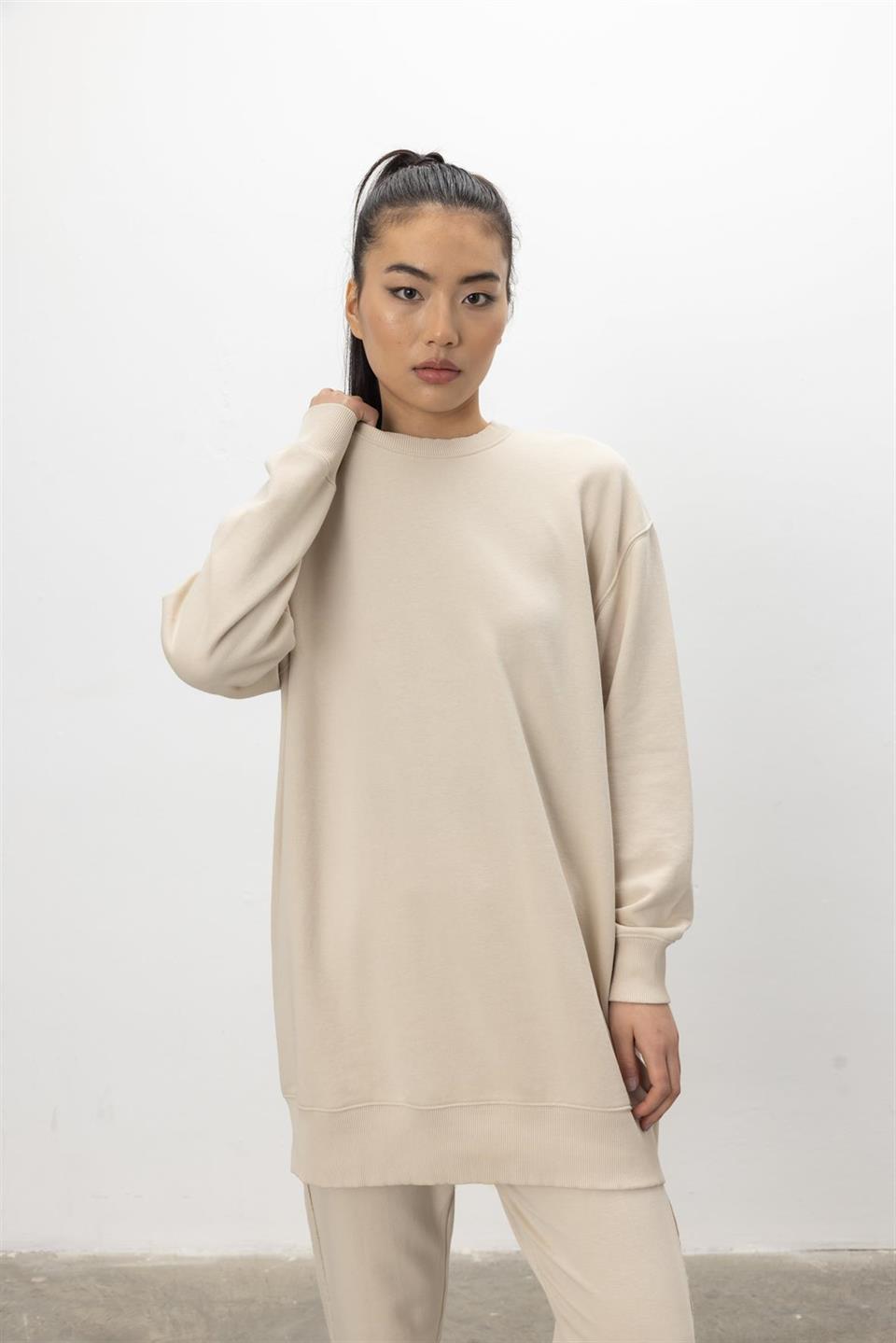 Oversize Basic 3 İplik Diagonel Kumaş Şardonsuz Uzun Sweatshirt
