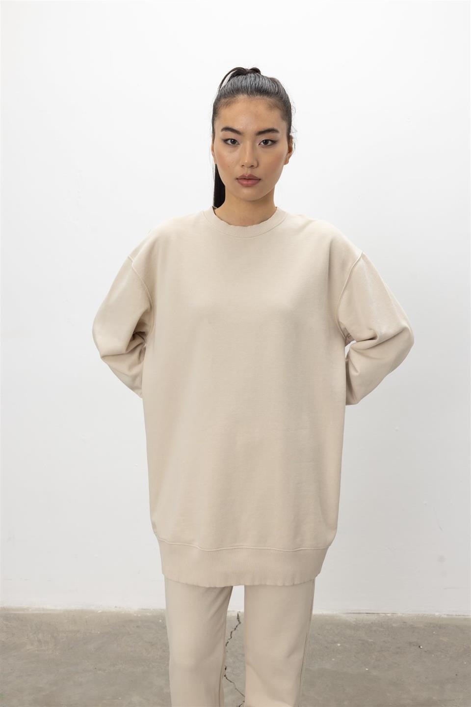Oversize Basic 3 İplik Diagonel Kumaş Şardonsuz Uzun Sweatshirt