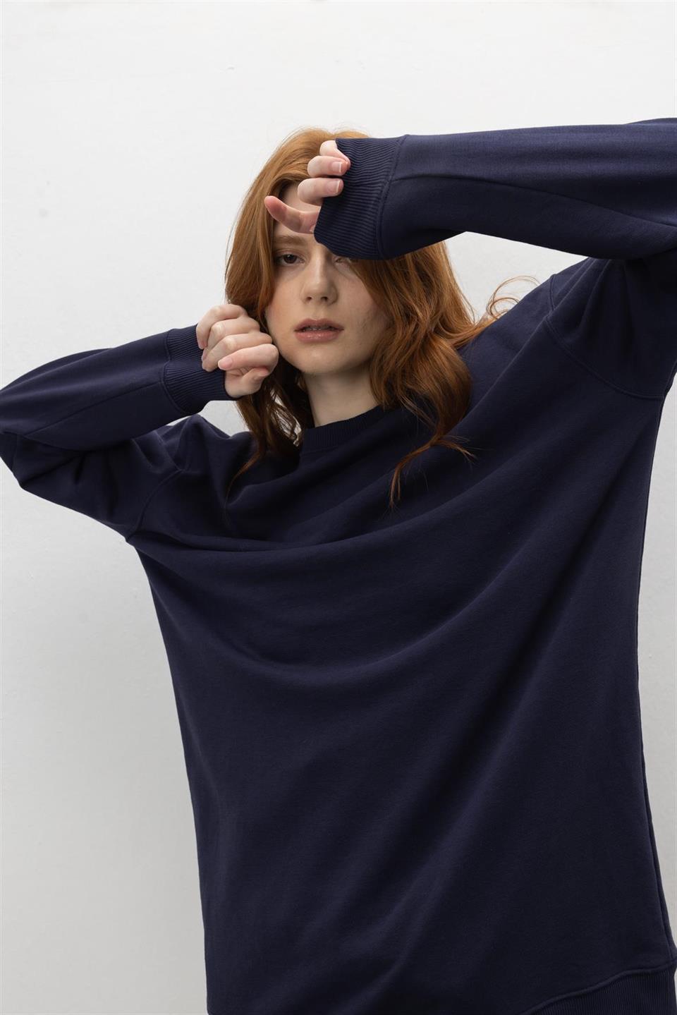 Oversize Basic 3 İplik Diagonel Kumaş Şardonsuz Uzun Sweatshirt